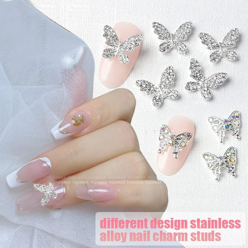 Butterfly Nail Charms,22Pcs Mixed 3D Metal Butterfly Nail Rhinestones Charms,Shiny Nail Gems Jewels Studs for Nail Art Design Decorations DIY Crafts Gold Silver image number 6