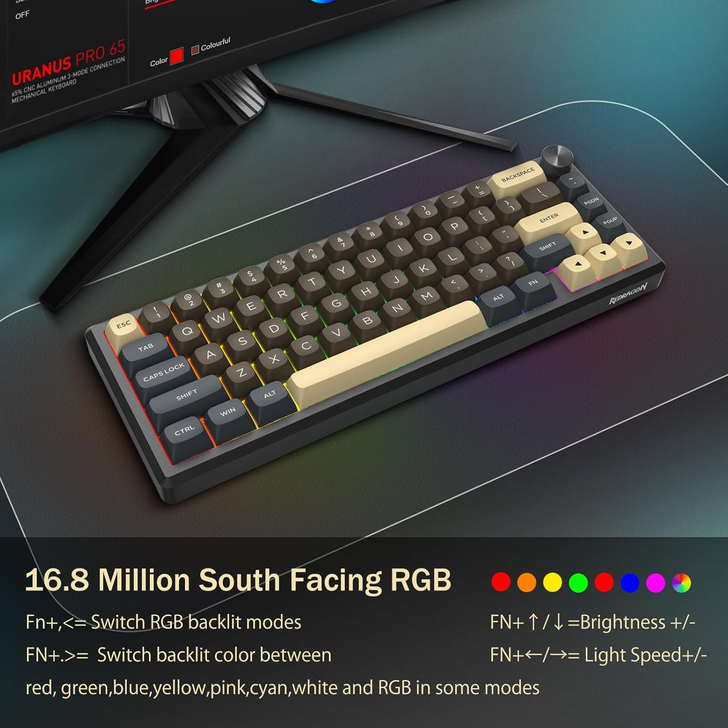 Redragon 60% Wireless Mechanical Gaming Keyboard, Full Aluminum Shell, Bluetooth/2.4Ghz/Usb-C, Creamy Sound, RGB Light, Metal Knob, Hot Swappable Pre-Lubed Linear Switches, Gasket Structure image number 5