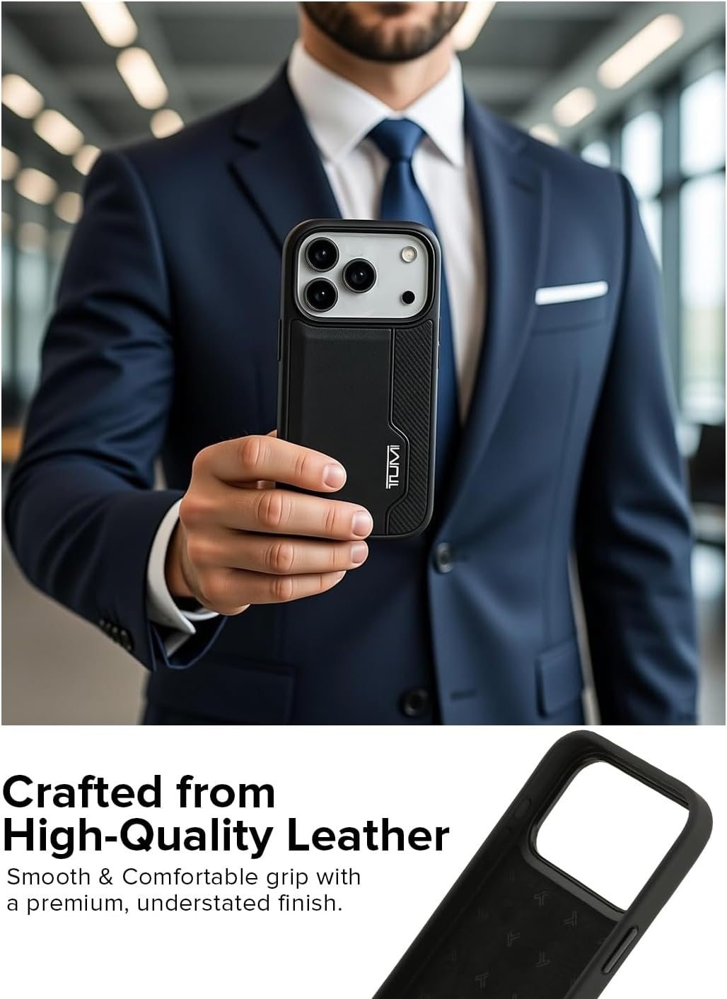 TUMI Iphone 17 PRO Case, Genuine Leather Hard Case with Vertical Card Slots, Perforated Design, Premium Leather, Business Card Holder, Black