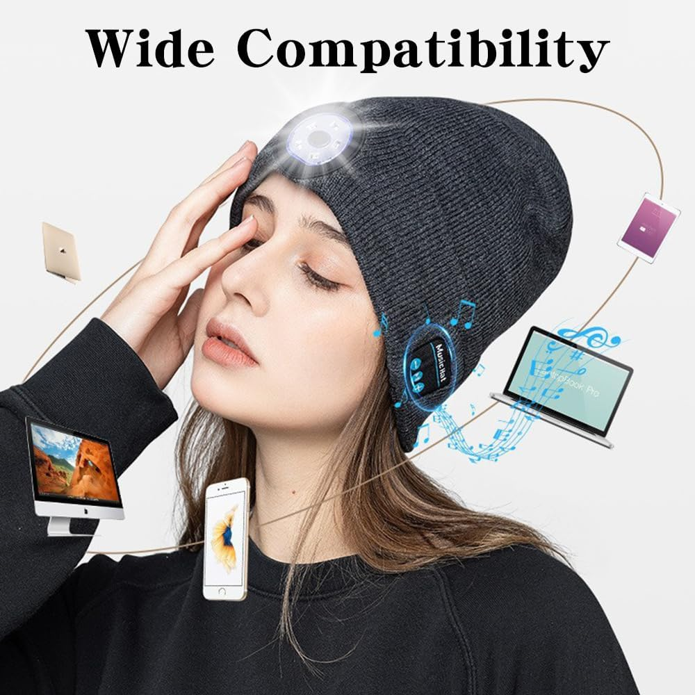 Bluetooth Beanie with a Light, Unisex USB Rechargeable LED Fashlight Hat with Cordless Headphones, Unique Christmas Birthday Gifts for Men Him Husband Teen Black image number 1