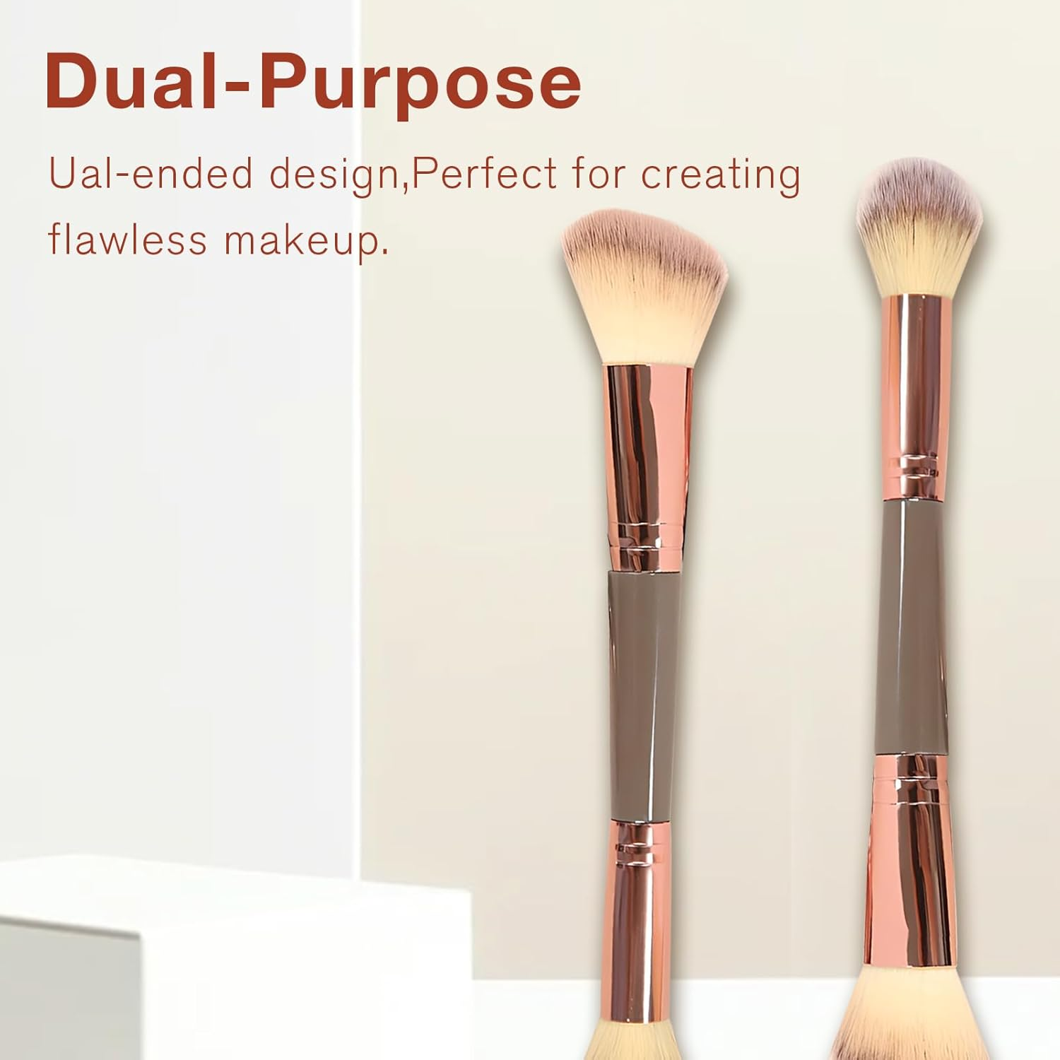 Double-Ended Foundation Makeup Brush, Angled/Round Top for Liquid, Powder & Cream Blending (Brown) image number 4