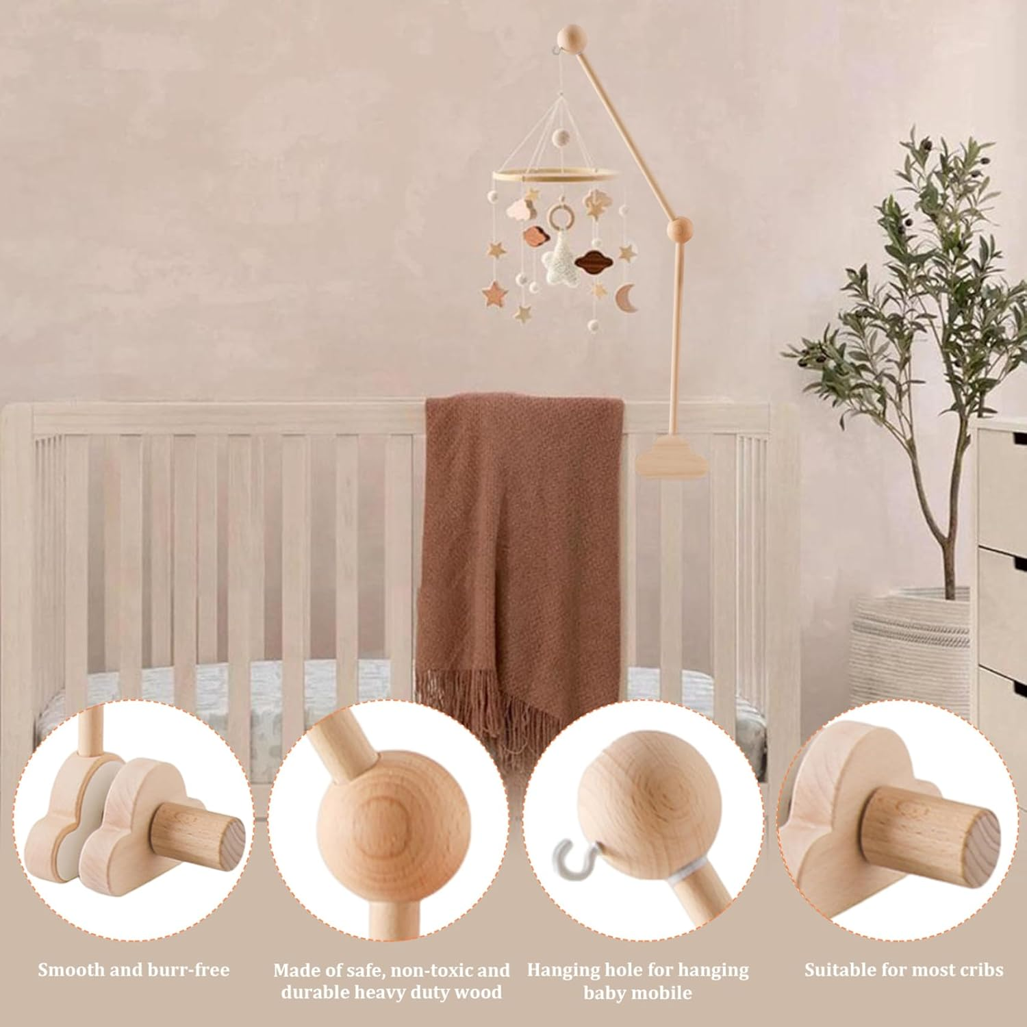 Cot Mobile Arm 27.17Inch Wooden Cloud Design Mobile Arm for Crib Detachable Baby Mobile Hanger Height Adjustable Cute Crib Mobile Arm for Bed Bell Wind Chimes image number 1