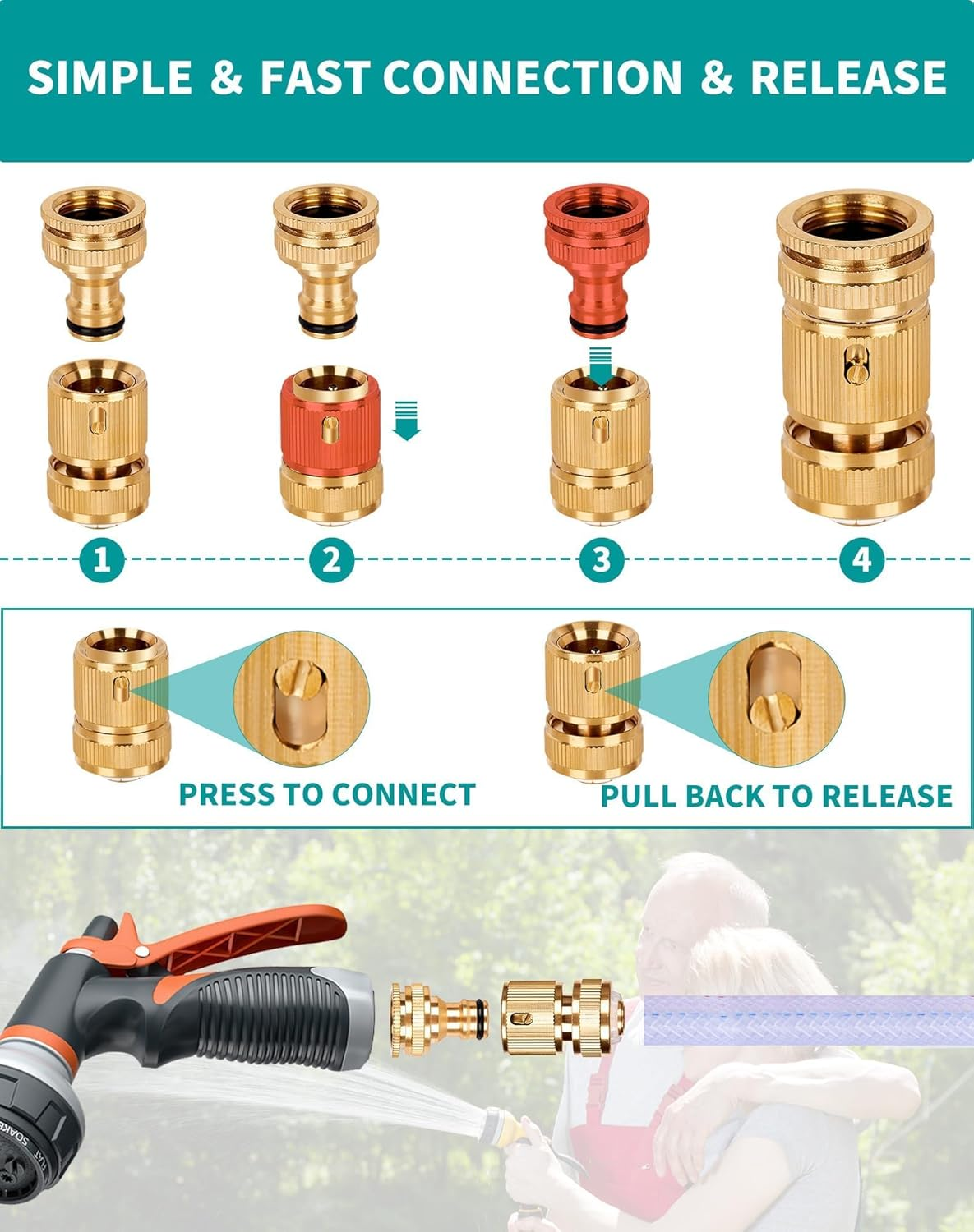 MLUOTALY Garden Hose Connector Kit, 1/2 Inch and 3/4 Inch Solid Brass Hose Tap Connectors, Tap Connector with Sealing Ring for Outdoor, Garden, Courtyard, Lawn (9Pack) image number 2