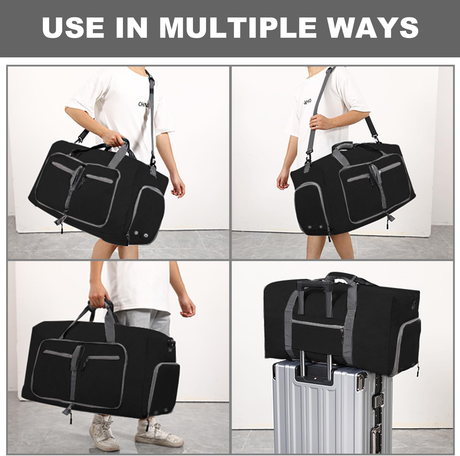 Travel Bag for Men, Foldable Travel Bag with Shoe Compartment, Black image number 1