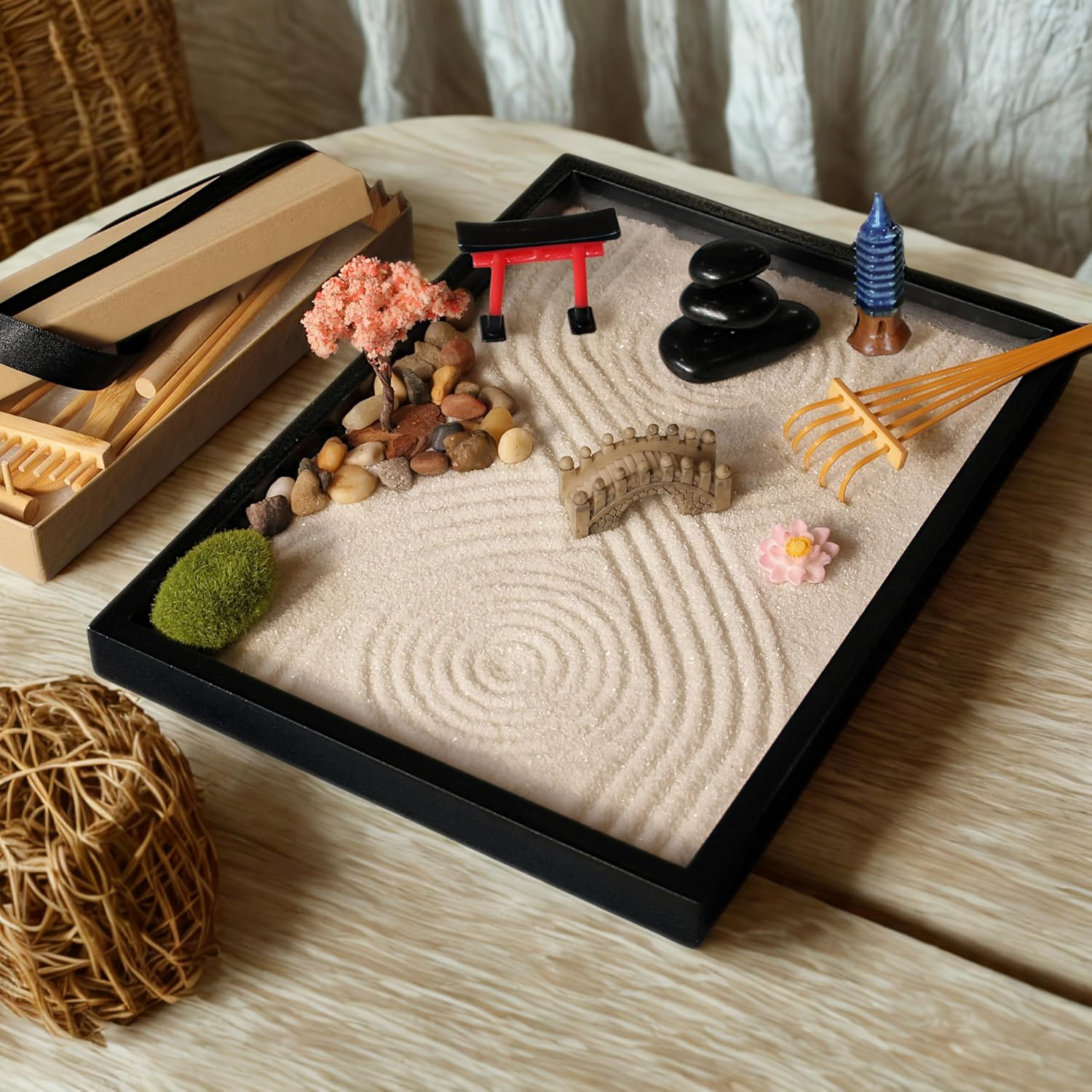 Island Falls Home Zen Garden Kit 11X8In. Beautiful Japanese Decor Mini Rock Feature Gift Set for Home, Office Desk. Zen Sand Garden, 6 Tools, 15 Accessories. Sand Tray Therapy Desktop Meditation Room image number 5