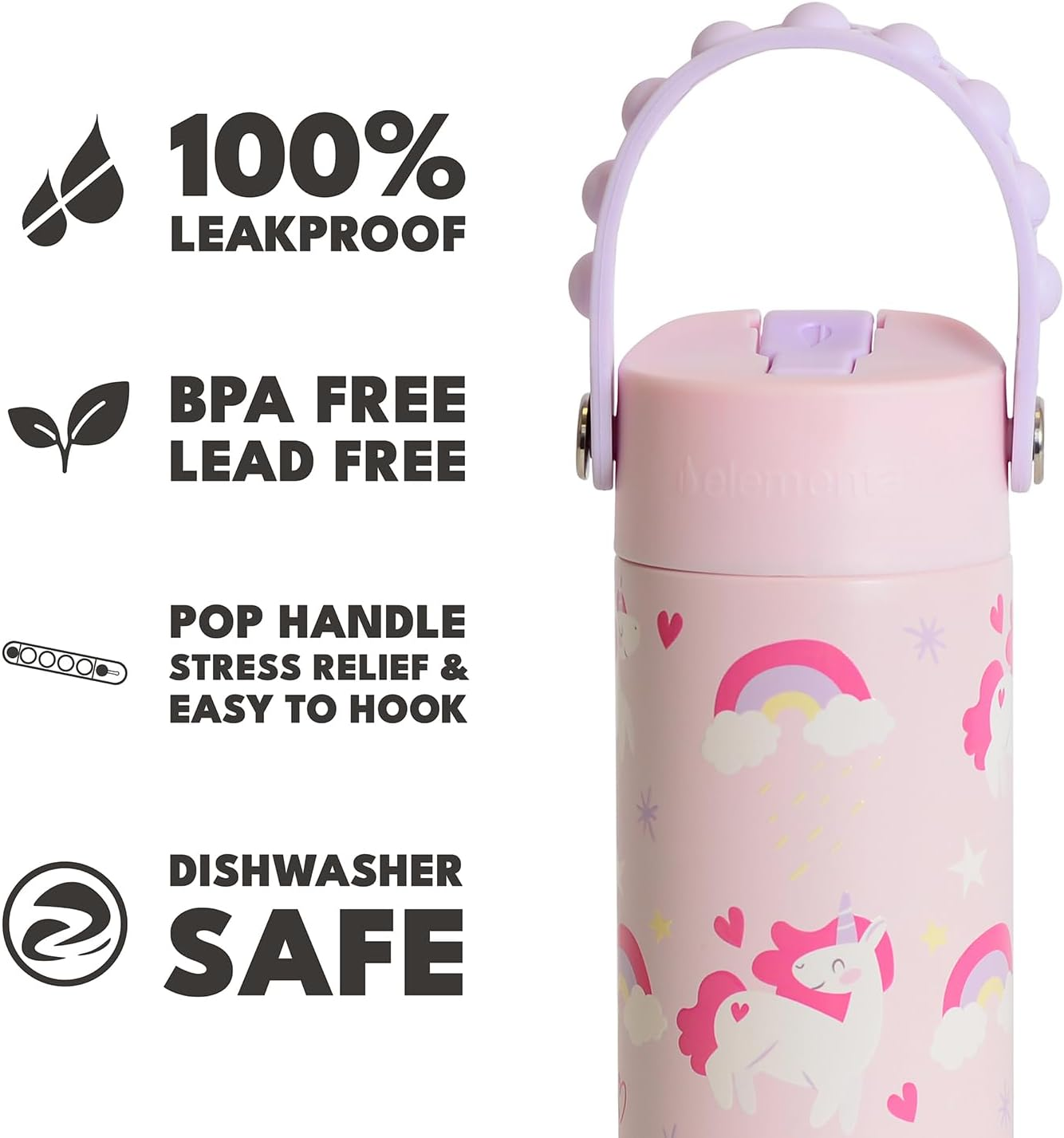 Elemental Insulated Kids Water Bottle, Stainless Steel Bottle with Straw Lid & Stress Reliever Pop-It Handle, Leak-Proof Bottle for School, Travel & Sports, 530Ml Unicorn Magic