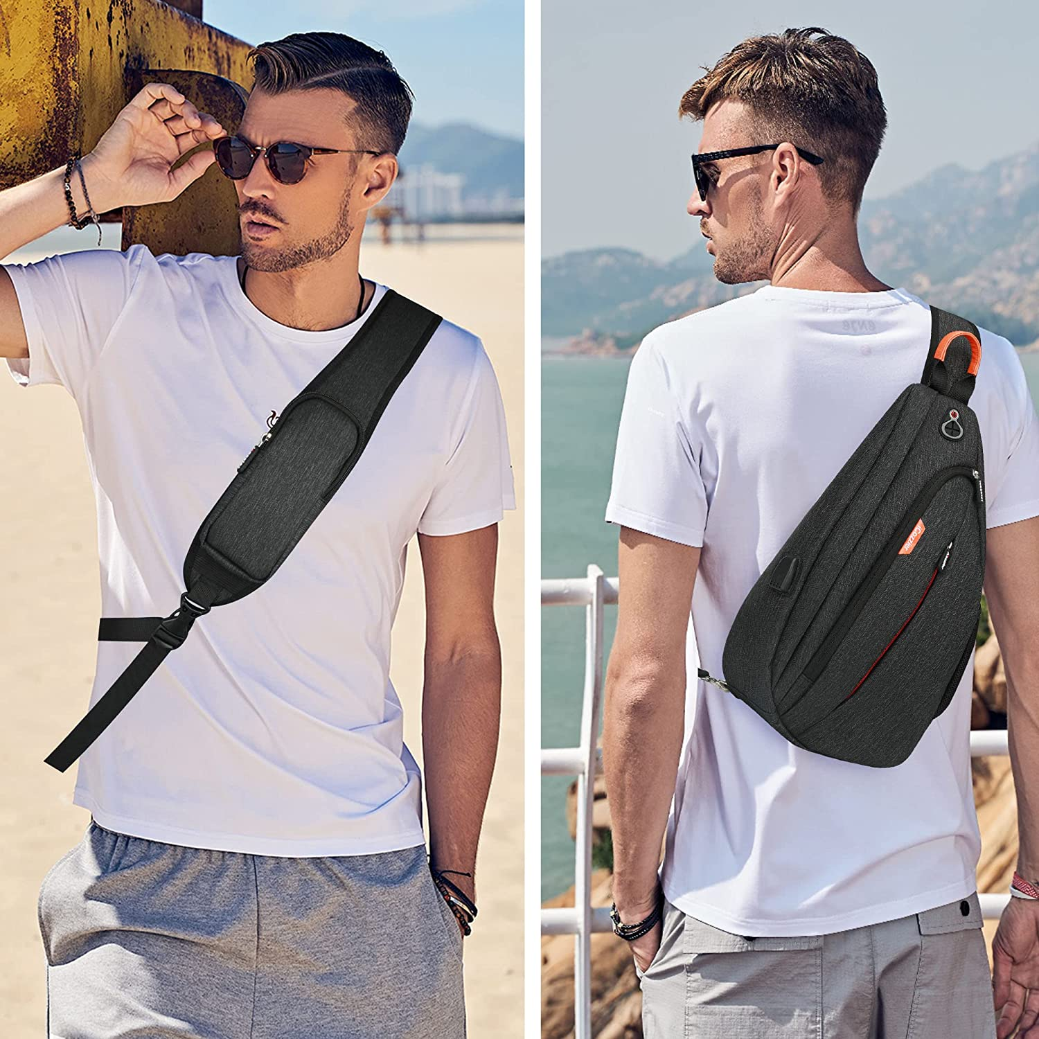 Icozzier Mens Sling Chest Bag Crossbody Backpack Shoulder Bag for Men Waterproof Outdoor Rucksack anti Theft Daypack with USB Charger Port& Bottle Holder for Biking Travel Cycling image number 4