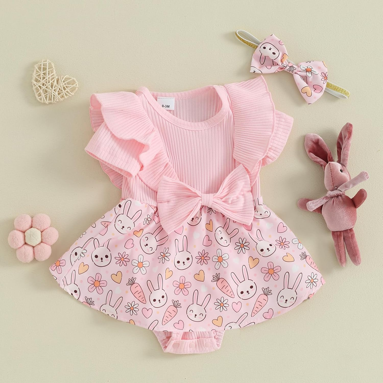 Newborn Baby Girl Easter Outfit Bunny Ruffle Short Sleeve Romper Dress with Headband Set Spring Summer Clothes image number 4