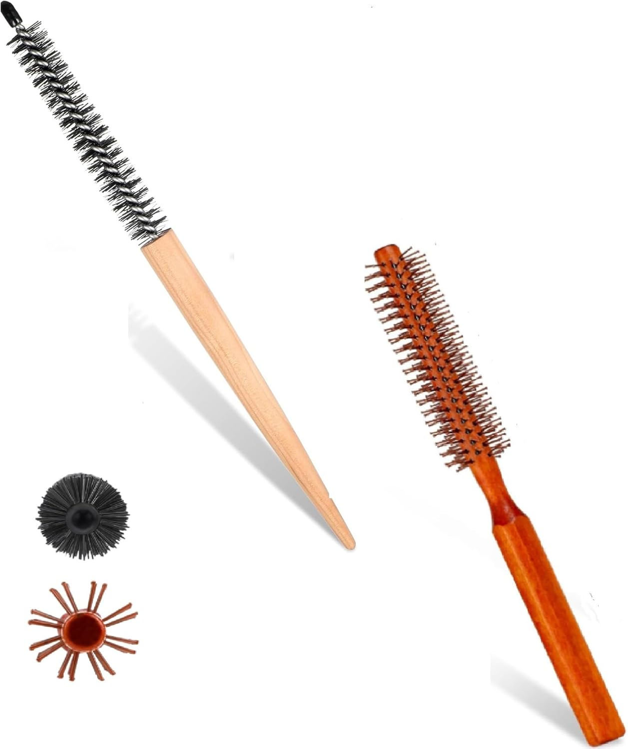 Liyquint 2 Pack Small round Hair Brush Set, Mini Nylon Bristle Curl Brushes for Thin Short Hair & Bangs Styling, Portable Blow Drying Roller Combs for Lifting and Volume, Unisex Design (Brown) image number 1