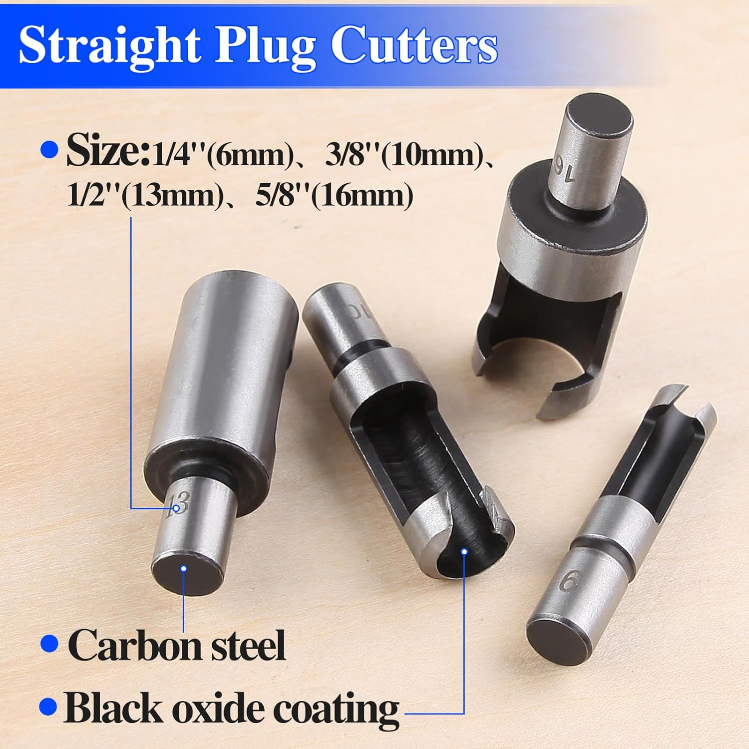 LEONTOOL 8Pcs Wood Plug Cutter Drill Bit Set Straight and Tapered Taper Cutting Tool Cork Drill Bit Knife Set Woodworking Hole Saw Cutting Tool 1/4" 3/8" 1/2" 5/8" (Metric 6Mm 10Mm 13Mm 16Mm) image number 4