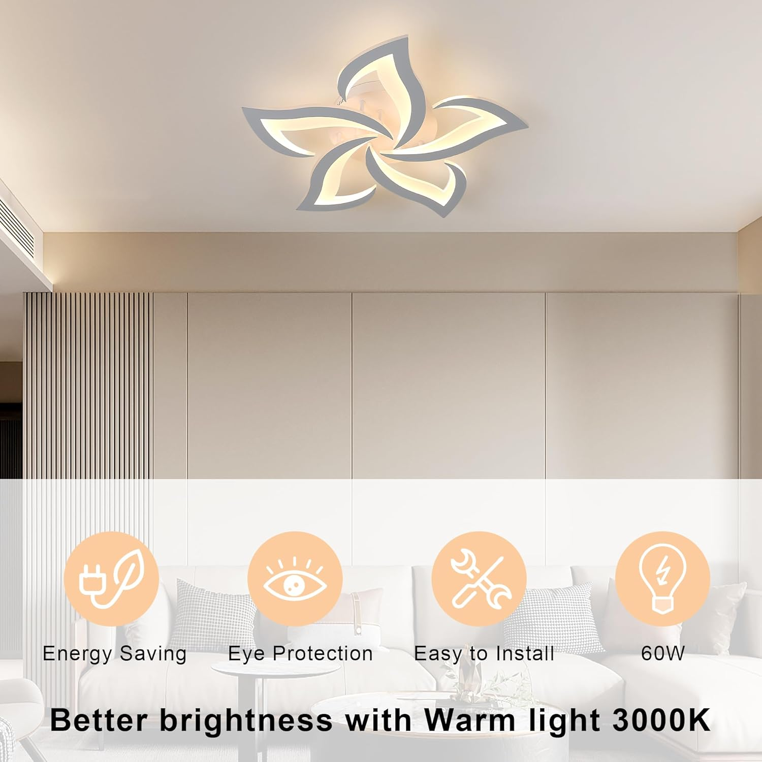 Comely Modern LED Ceiling Chandelier, 60Cm 60W 6750LM LED Ceiling Light, Modern Acrylic Flower Ceiling Light, 3000K Warm White Light, White image number 6