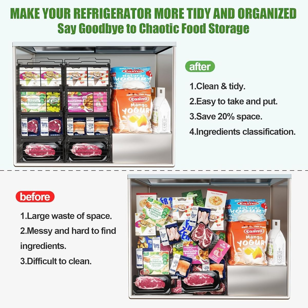 Blissify 2 Pack Expandable Freezer Basket, Stackable Large Freezer Organiser, Deep Chest Freezer Organizer Bins with Foldable Handles for Sorting Frozen Meats and Food, Black image number 5