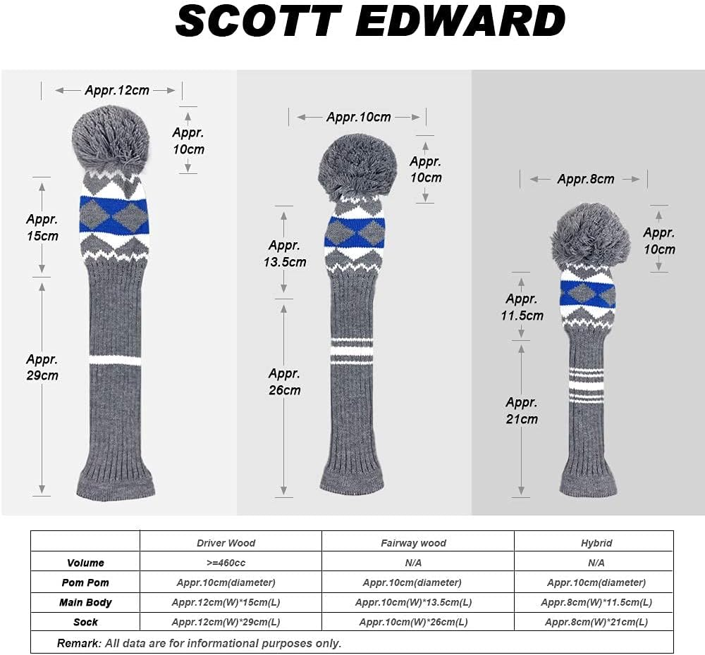 Scott Edward Knit Golf Club Cover for Woods and Driver Set of 5 Head Covers Protect Driver Wood(460Cc) 1 Fairway Wood2 and Hybrid/Ut2 with Rotating Club Number Tags