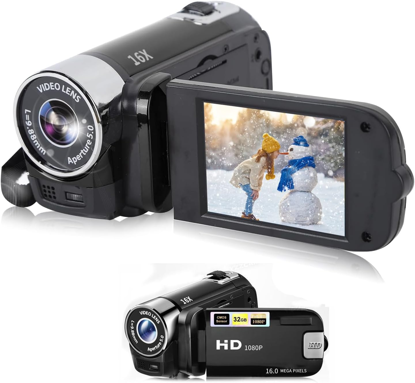 HD 1080P Video Camera Recorder, 16X Digital Zoom Vlogging Camcorder, Mini 16MP DV Camera with 2.7In TFT Rotatable Screen for Kids Teens Beginner, (Black)