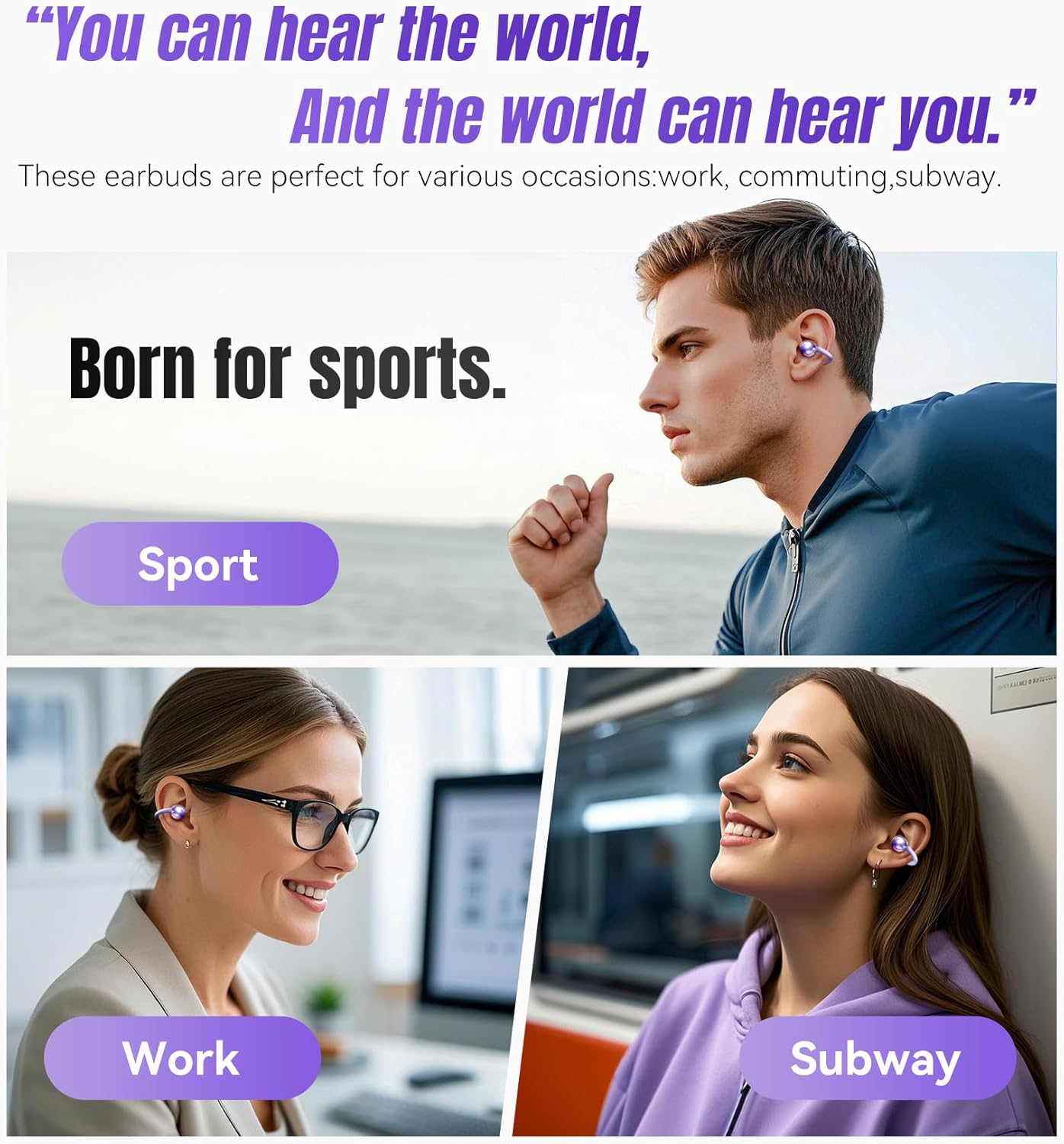 King Lucky Open Ear Earbuds Wireless Bluetooth 5.4 Clip-On Headphones with Mic - 50H Playtime, Ipx5 Waterproof - Ideal for Sports & Workouts, Comfortable for Small Ears & Glasses Wearers (Purple) image number 4