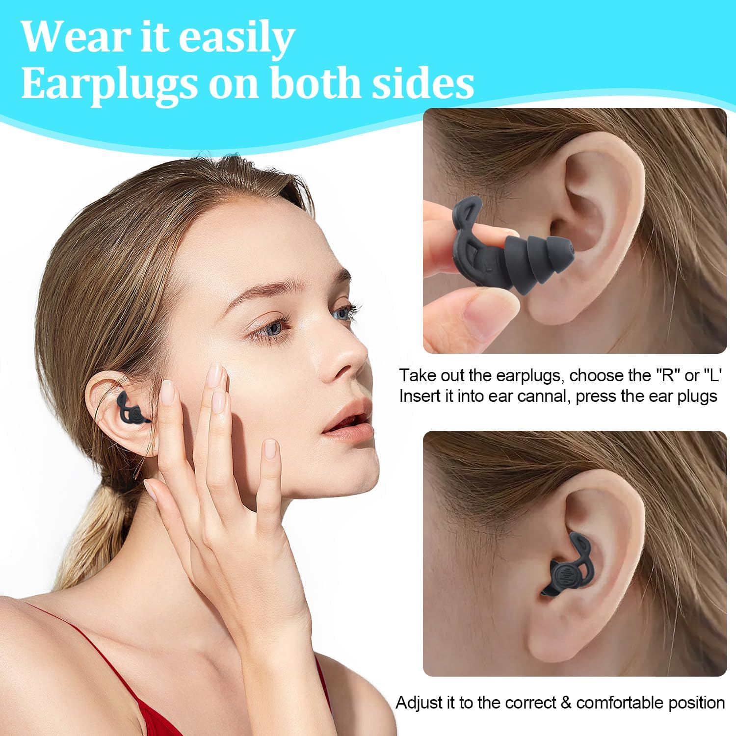 Reusable Silicone Ear Plugs for Swimming, Surfing, Water Skiing, Canoeing, Bathing, Hearing Protection, Learning, Working - 4 Pairs (Black, White, Blue, Purple) image number 2