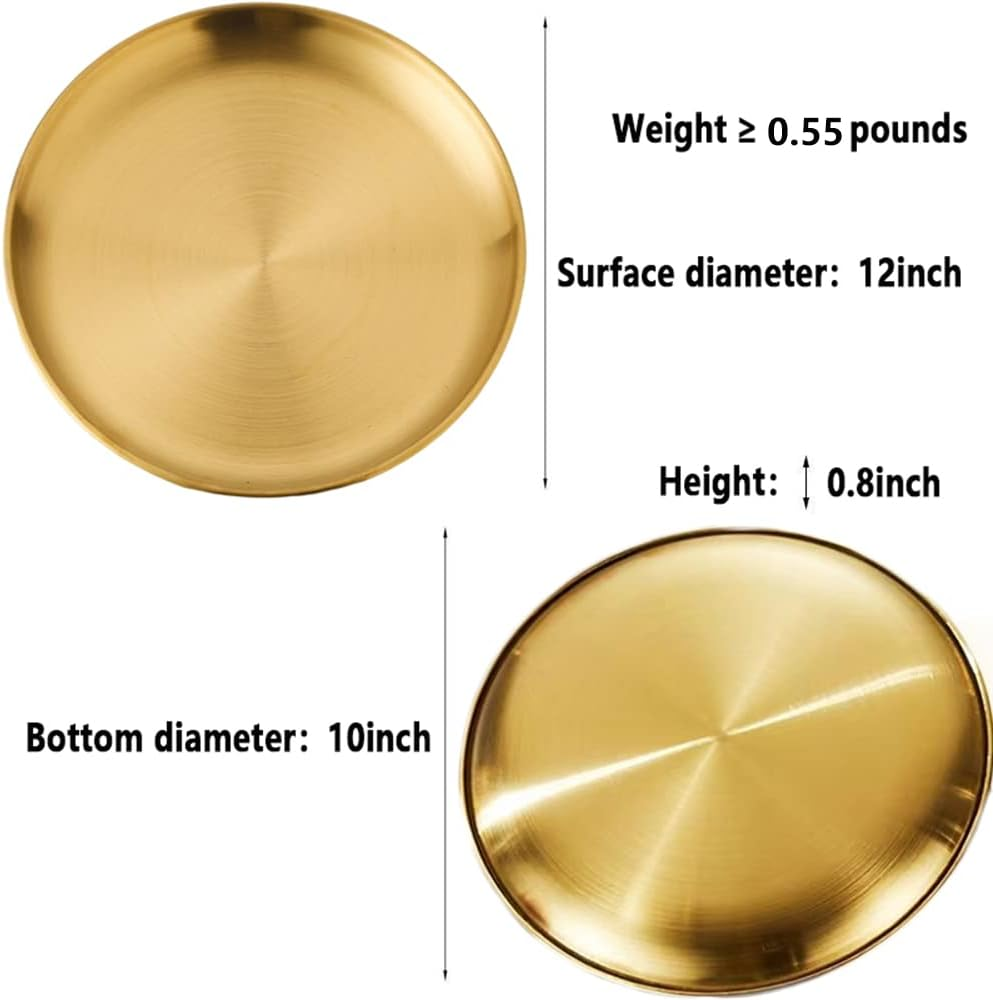 Hbluefat 2Pcs 12In Gold Stainless Steel Tray for Serving Decorative Gold Jewelry Bar Jewelry Dish Key Bowl Mirror Dresser Decor Coffee Fruit Metal Perfume Trim Storage Dessert(Round) image number 1