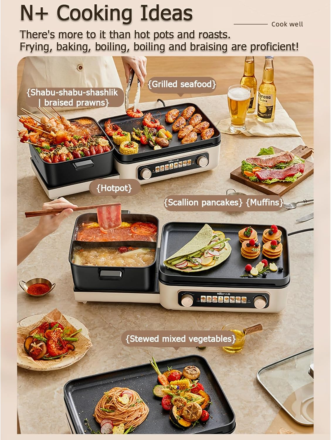 BEAR Electric Grill with Hot Pot, 2-In-1 Folding Korean BBQ Grill Indoor & Shabu Shabu Pot, Removable Hotpot Pot & KBBQ Grill, Non-Stick, Adjustable Temperature, 2100W image number 6