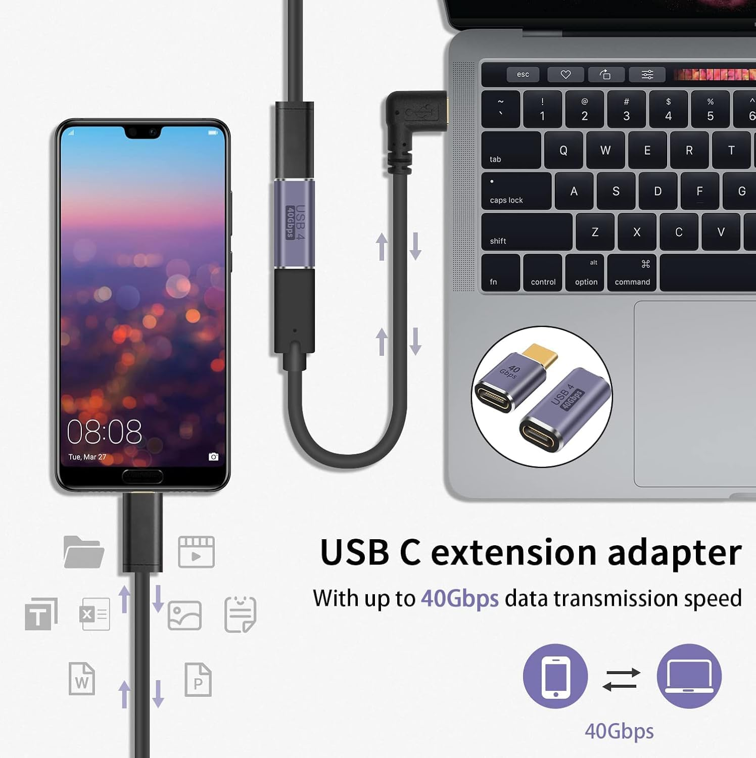 5 Pack USB C Adapter 40Gbps, USB C 90 Degree Adapter PD, Right Angle USB C Adapter 100W, USB 3.1 Type C Male to Female Adapter and USB C Extender Adapter for Laptop, Tablet and Phones image number 3