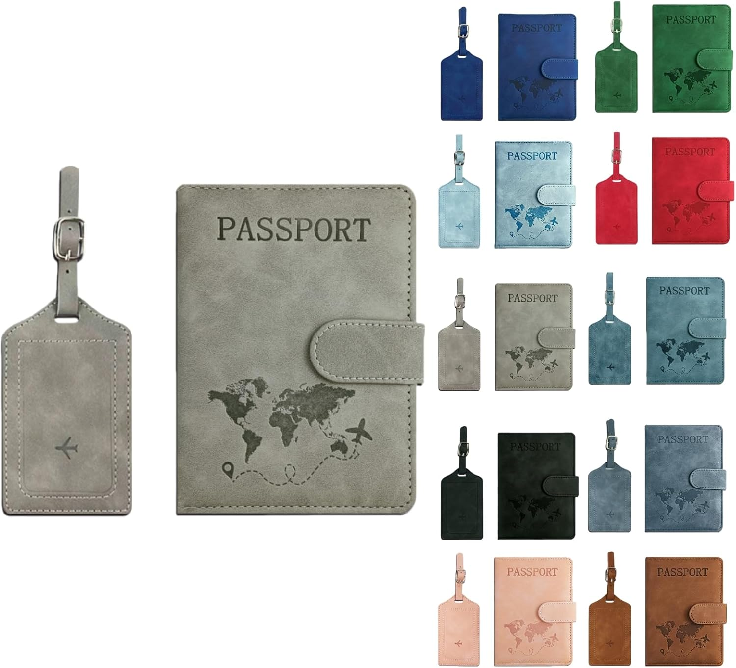 Passport Holder Cover with Luggage Tag, PU Leather Passport Cover, Portable Universal Travel Wallet Organiser for Passports Boarding Passes Credit Cards Travel Documents​ (Gray) - Brown image number 3