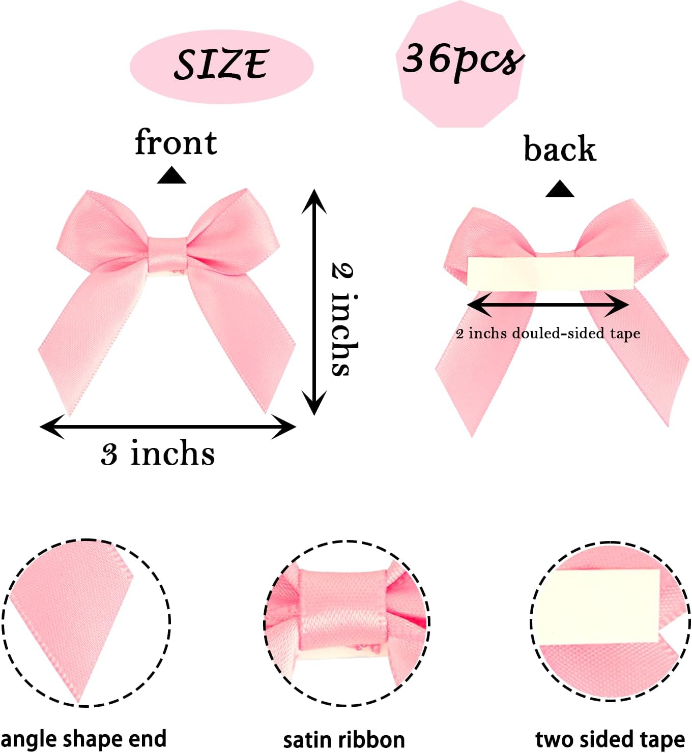 36Pcs Baby Pink Satin Ribbon Bows Self Adhesive Satin Bow with Double-Sided Tape Premade Mini Bow Sticker for Making Crafts Baby Shower Birthday Party Wedding Decorations - White image number 6