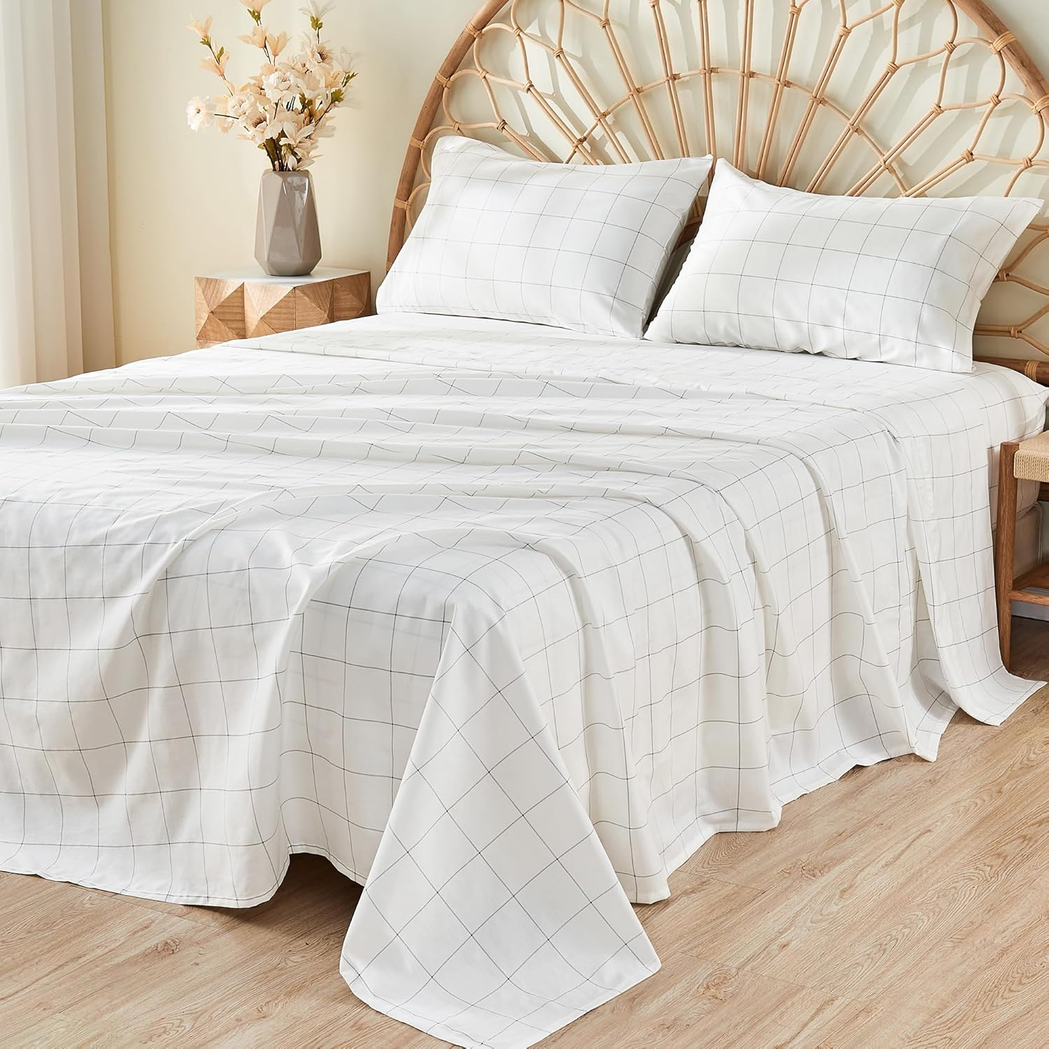 JELLYMONI Striped Sheets Set Queen Size, 4 Pieces 100% Cotton Bed Sheets - 16" Deep Pockets Fitted Flat Sheet & Pillowcase Bedding Set, Ultra-Soft, Machine Washable