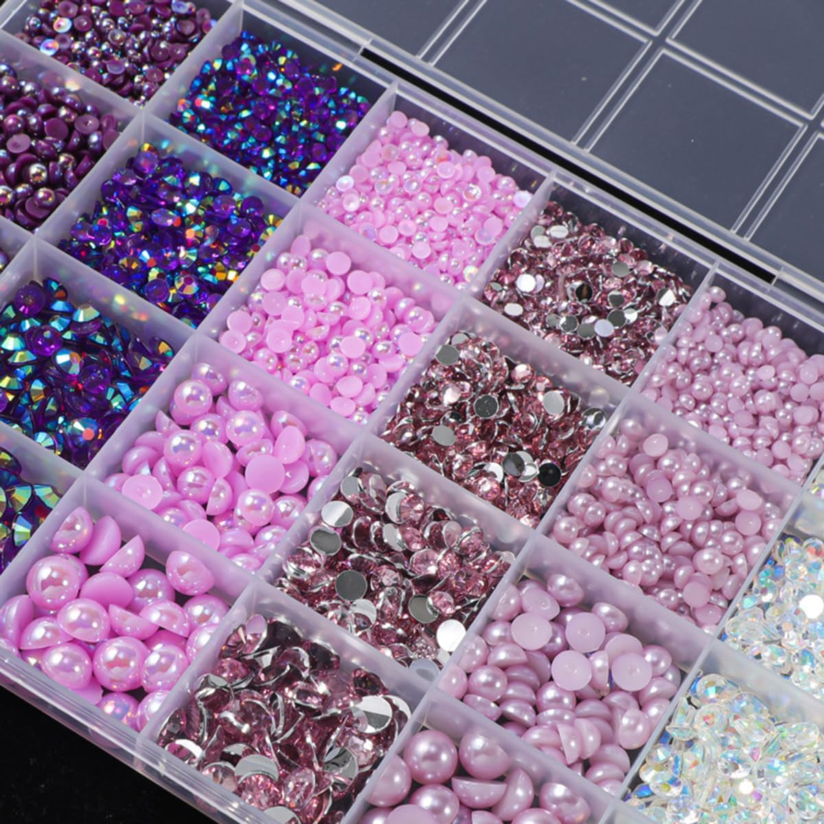 24 Grid Flatback Rhinestones and Beads for Nails, Betterjonny Rhinestones for Crafts 3-8 Mm Glitter Stones Half Beads with Tweezers and Dotting Pen for DIY Crafts Nail Design Clothing D image number 6