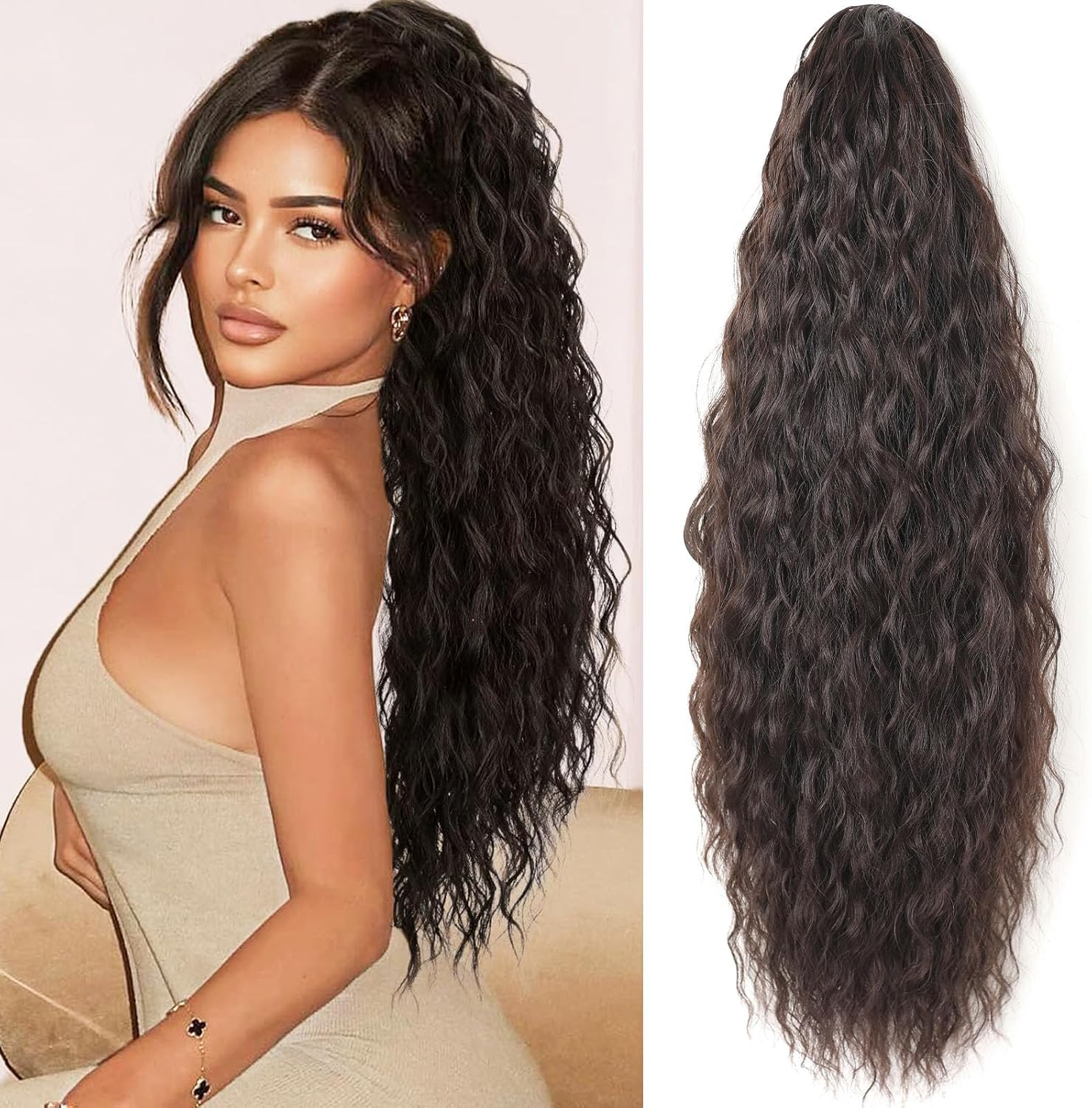 Samtress 24 Inch Drawstring Ponytail Hair Extensions for Women Dark Brown Long Curly Wavy Ponytail Synthetic Hairpiece for Daily Use (#Dark Brown) image number 2