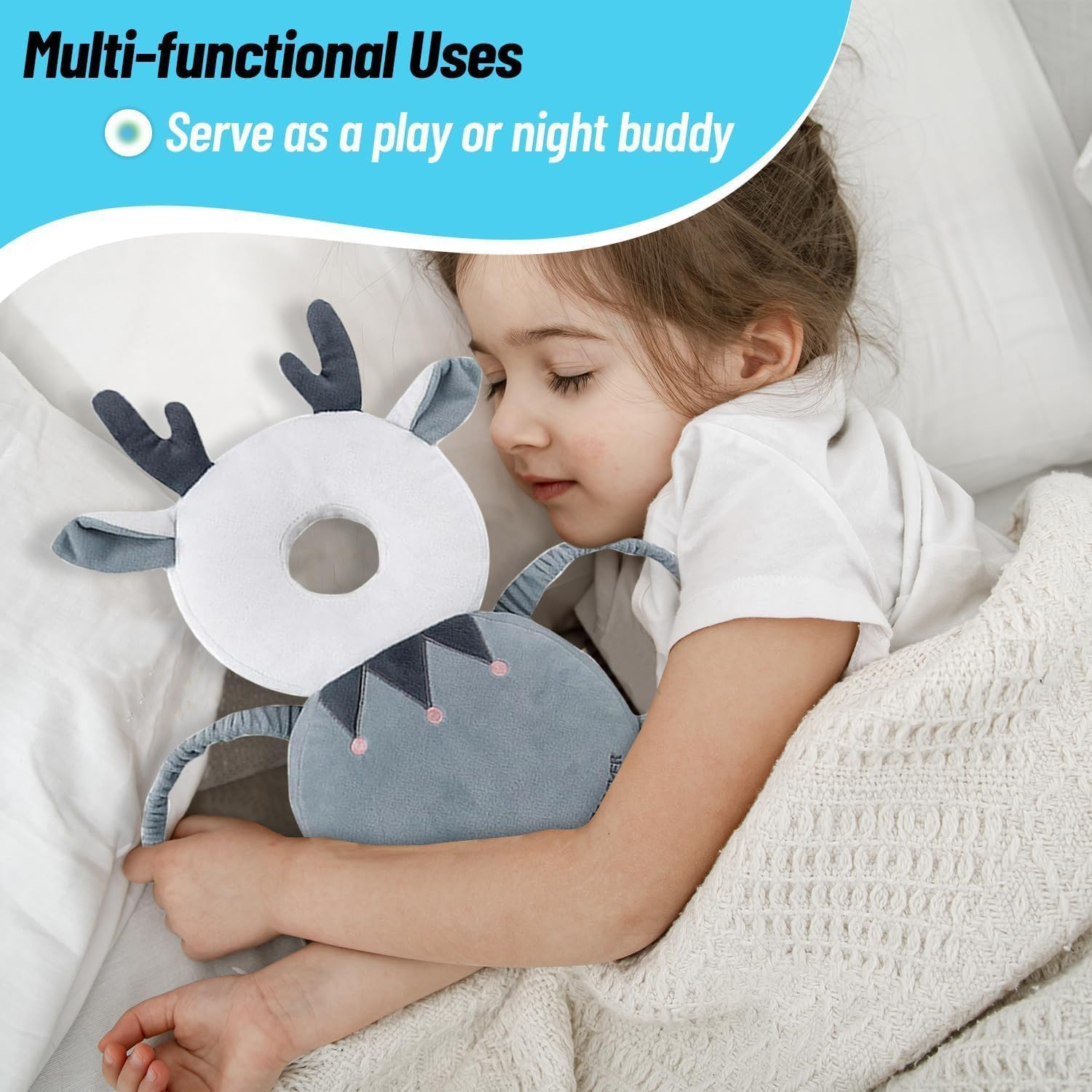 Adjustable Baby Head Protector with Safety Cushion &ndash; Soft Head Protection Backpack with 2 Pairs of Knee Pads for Crawling and Walking Infants and Toddlers (Mesh Deer, Blue) image number 1