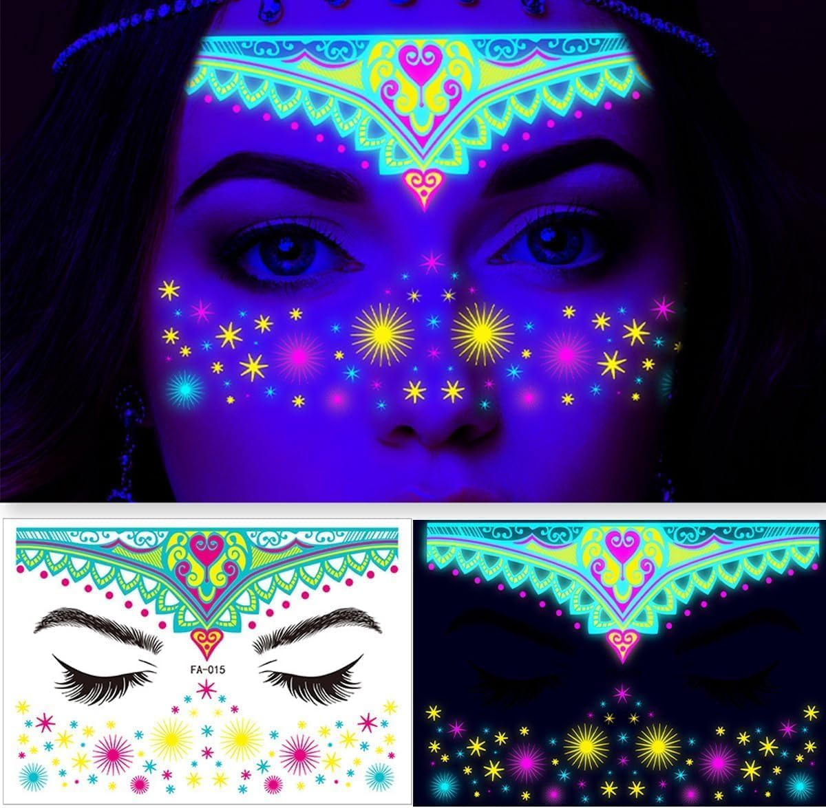Luminous Face Tattoo Stickers Body Glow in the Dark Fluorescent Face Rhinestone Tattoo Temporary Tattoo Sparkly UV Neon Mask Tattoo Rave Festival Accessory Party (8 PCS)