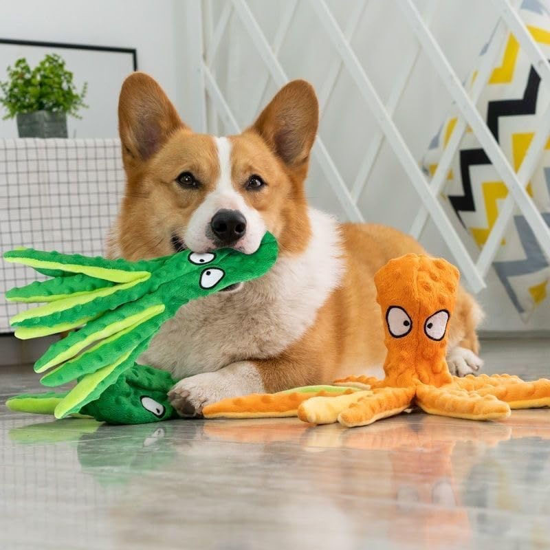 Dog Squeak Toys No Stuffing Crinkle Plush Dog Toys for Puppy Teething, Durable Interactive Dog Chew Toys for Small to Medium Dogs Training and Reduce Boredom, 2 Pack (Green+Orange) image number 5