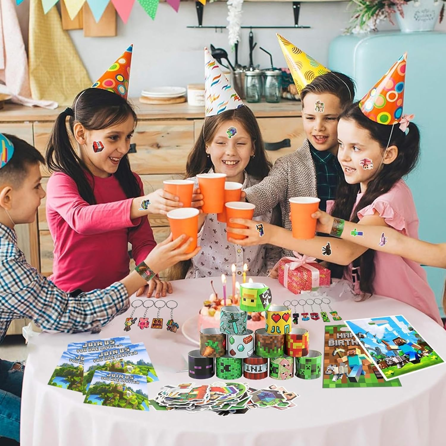 106 PCS Gaming Party Bag Fillers, Miner Party Favours, Miner Party Bag Filler Set with Keychain Slap Bands Party Bags Stickers Invitations Cards, Birthday Party Supplies for Kids image number 6