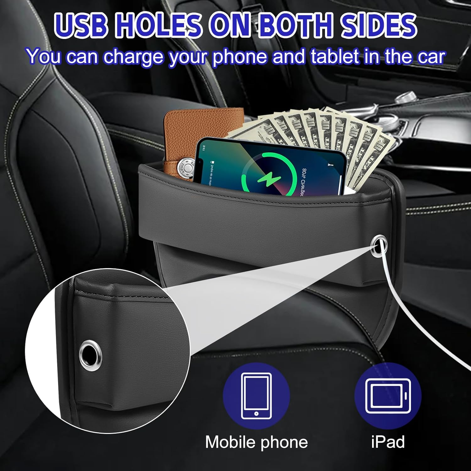 Car Seat Gap Filler, 2Pack PU Leather Auto Console Side Storage Boxes, Car Front Seat Gap Organizer, Dropping Blocker Bag Interior Accessory for Phone Sunglasses Keys Cards image number 3