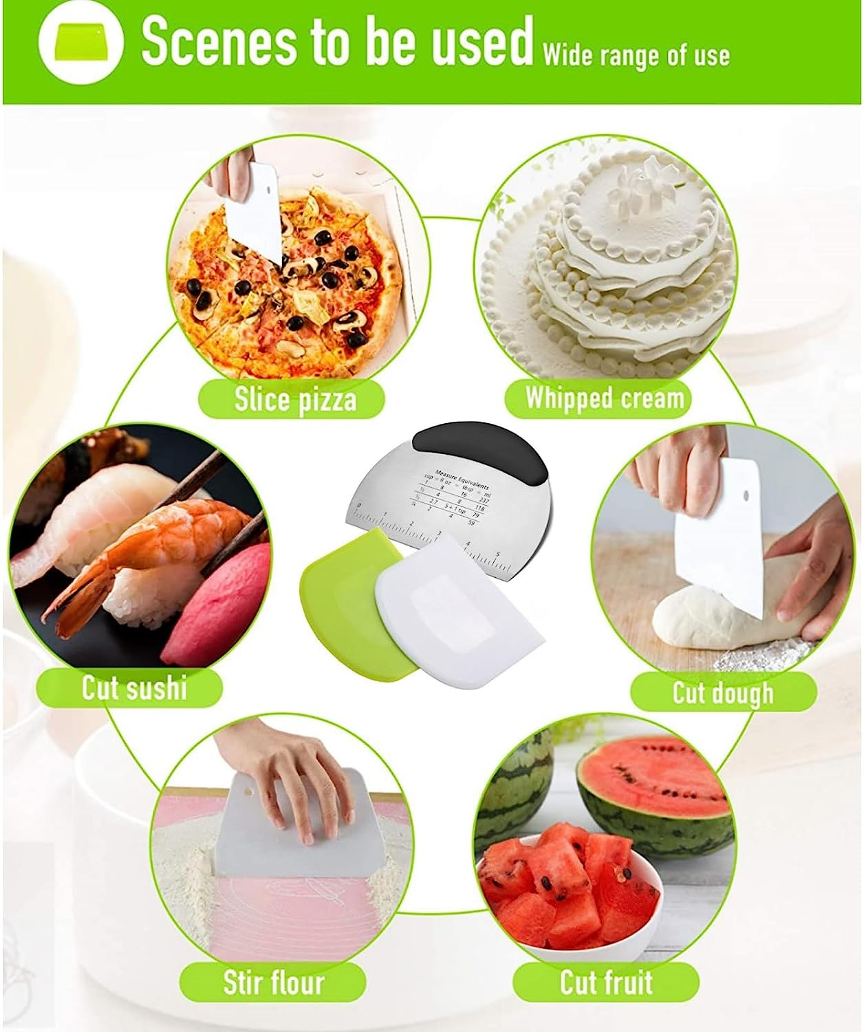 Dough Scraper and Cutter,Premium Stainless Steel Bench Scraper with 2 PCS Flexible Bowl Scraper,Pastry Cutter with Scale,Versatile Kitchen Scraper Set for Pastry Bread Pizza Cake image number 5