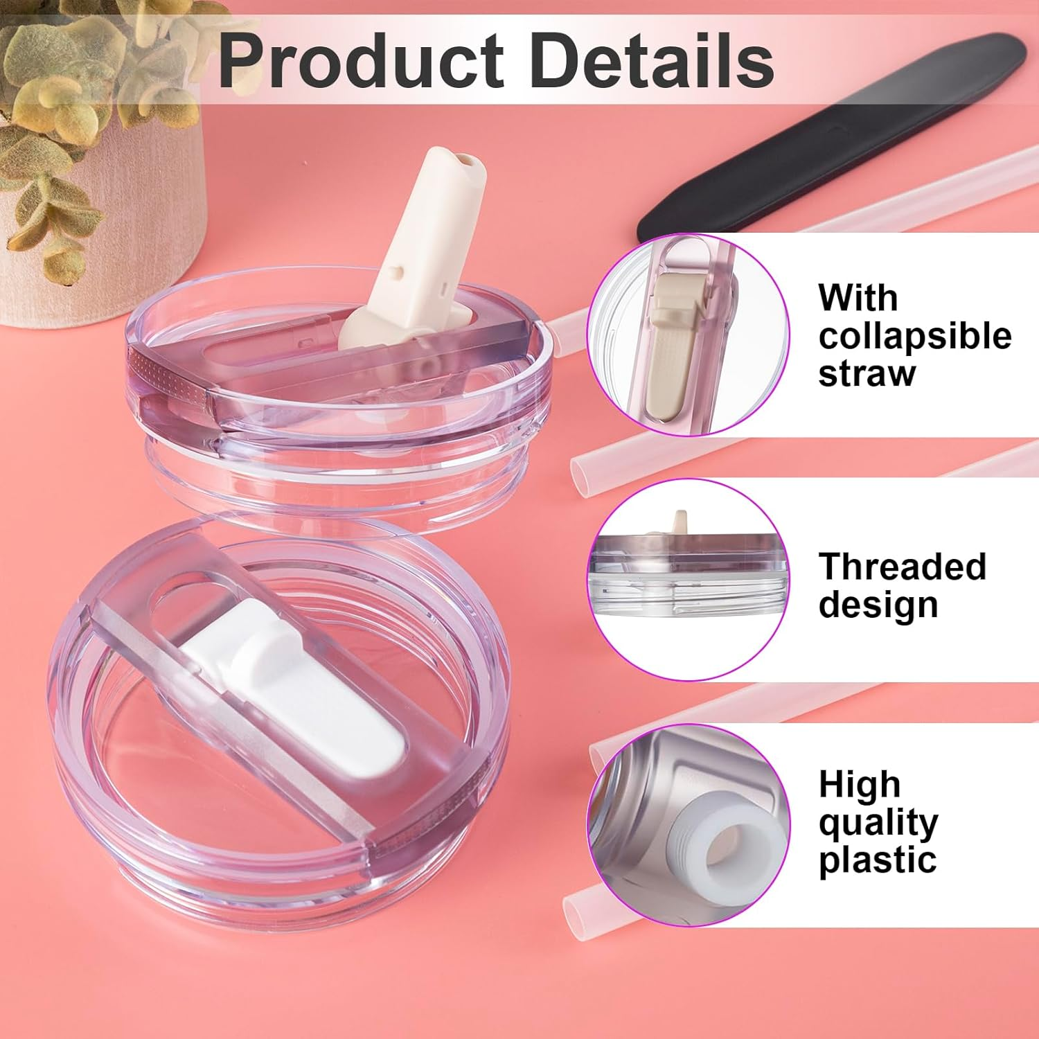 2Pcs 40 Oz Lid Leak-Proof for Stanley Cup - Tumbler Detachable Flip Straw Lid, Lids Replacement Accessories for Stanley Cups, Cup Accessories, Set with Cover(Rose) image number 5