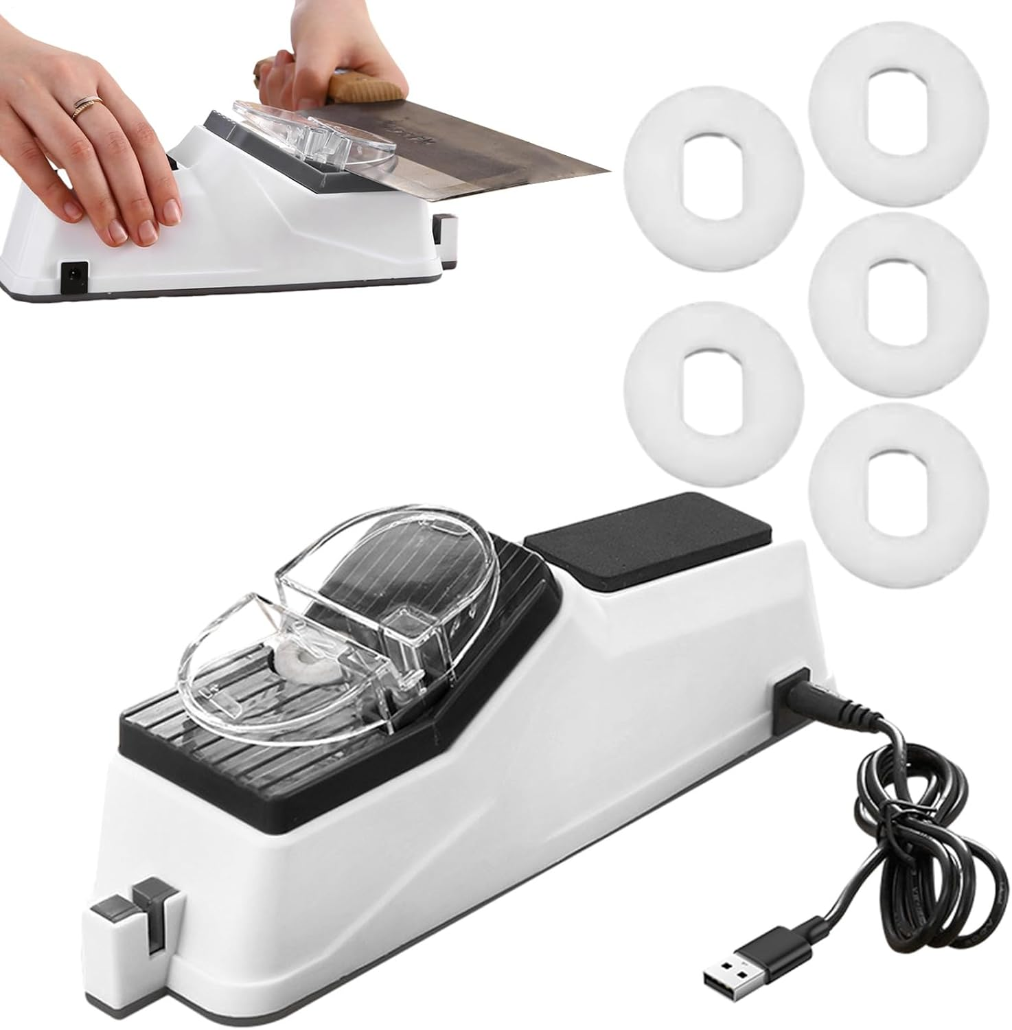 Electric Knife Sharpener with Protective Case 3 Sharpening Blades 5 Second Polishing Knife Sharpener Fast Sharpening USB Electric Manual Sharpenings for Kitchen Knives Scissors Screwdrivers - B image number 3