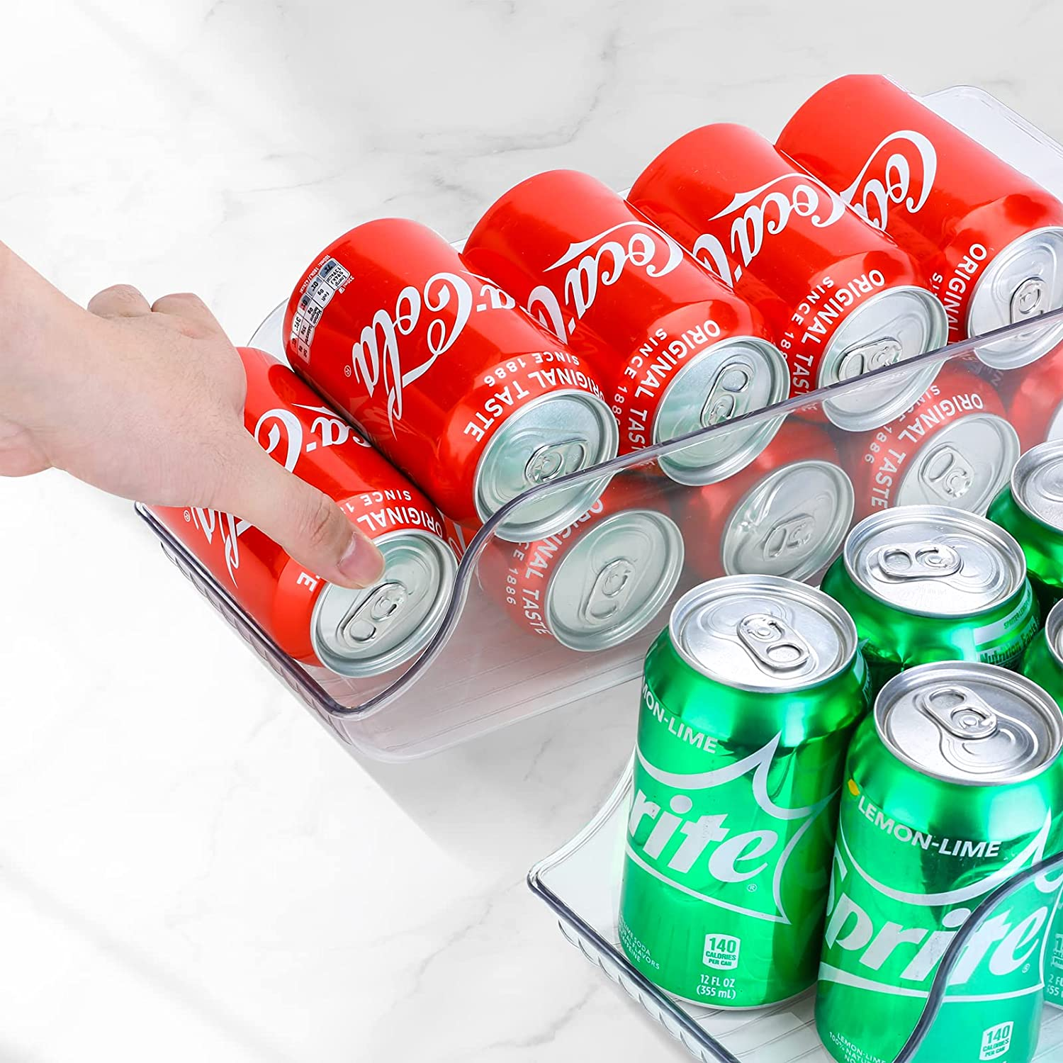 Puricon 2 Pack Can Drink Dispenser Organizer for Refrigerator, Clear Plastic Soda Pop Can Holder Container Storage Bin for Fridge Freezer Pantry Cabinet Kitchen -For Standard Can image number 2