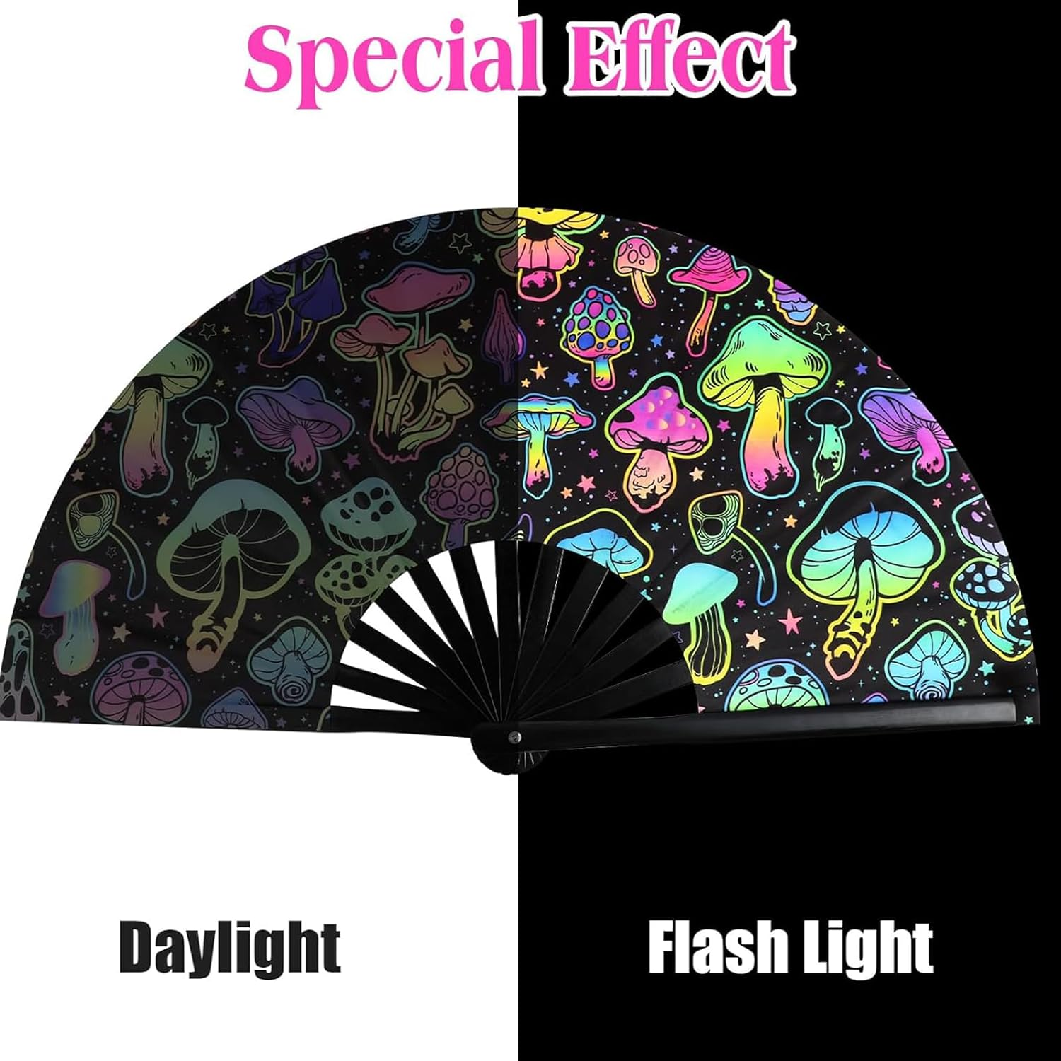 Large Rave Fan UV Glow Hand Fan with Holster for Men/Women, Disco Party Favor for Edm Music Festival Club Rave Accessories(Reflective Mushroom) image number 2