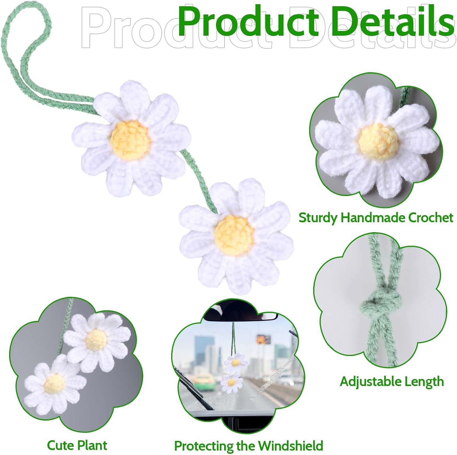 WLLHYF Crochet Daisy Car Pendant Cotton Cute Rear View Mirror Hanging Charms Handmade Knitted Woven Daisy Flower Tassel Car Accessories Automotive Interior Aesthetic (White) image number 5