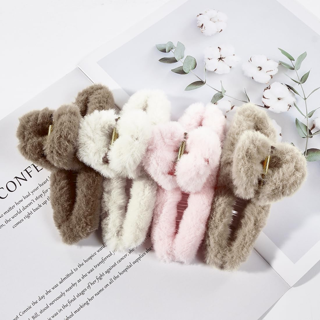UTSAUTO 4 Pack Fuzzy Hair Claw Clips for Women, Large Non-Slip Strong Large Hair Claw Clips for Women Thick Hair,(Pink+Brown+White+Khaki)