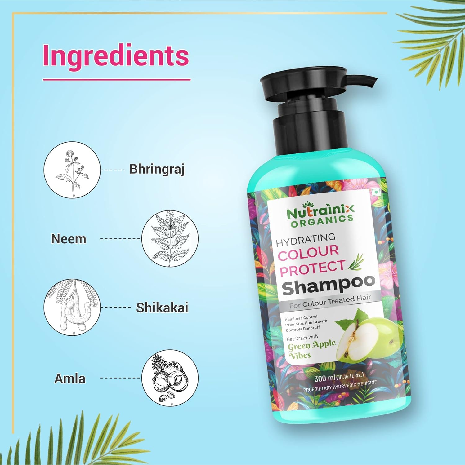 Nutrainix Organics Hydrating Colour Protect Shampoo with Green Apple Vibes | Shampoo for Coloured Hairs Growth | Color Protecting Shampoo - 300Ml image number 2