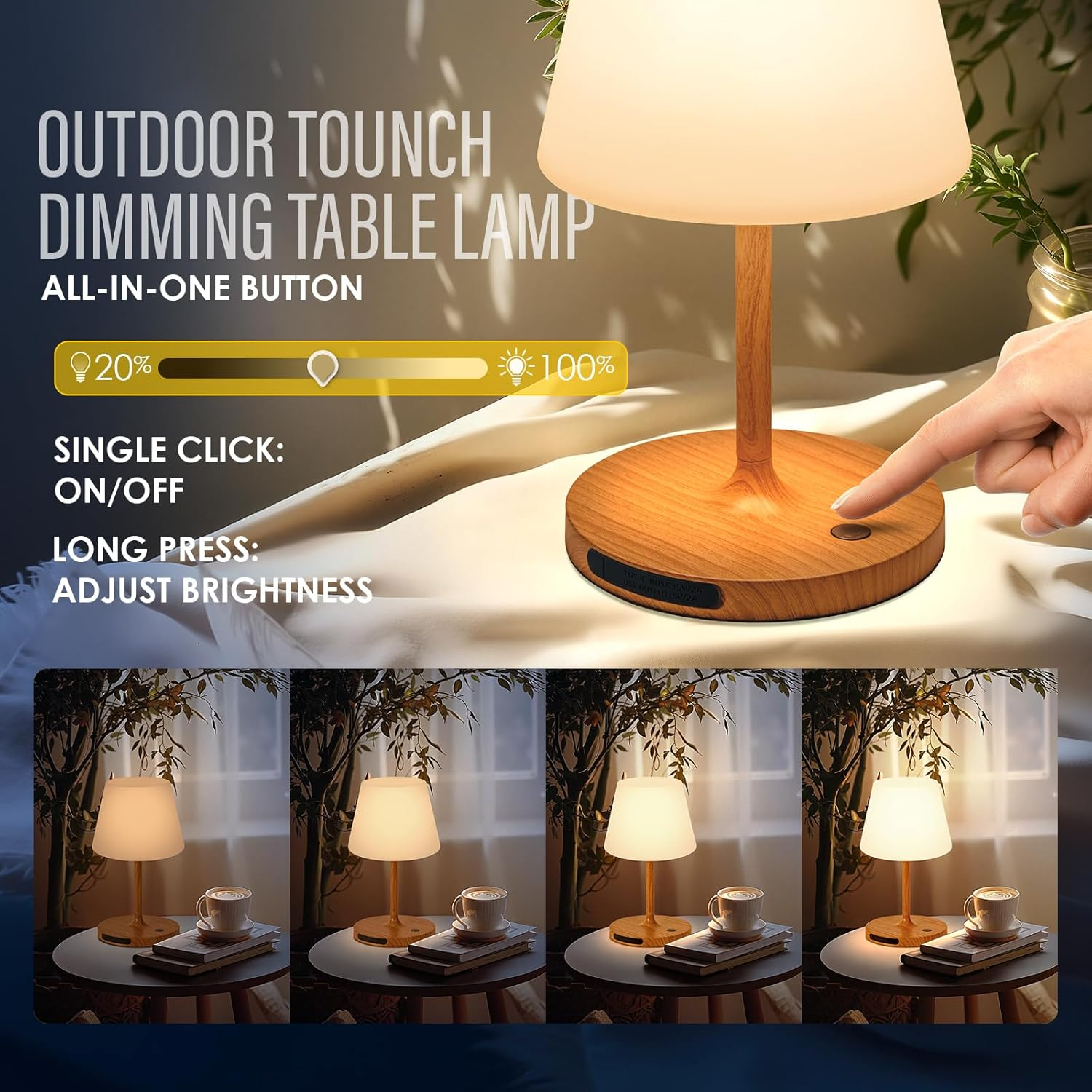 Cordless Outdoor Touch Table Lamp, Waterproof Small Shower Lamp, 4000Mah Battery Operated Rechargeable Dimmable Desk Lamp for Patio, Restaurant, Camping, Home-Wood Grain image number 1