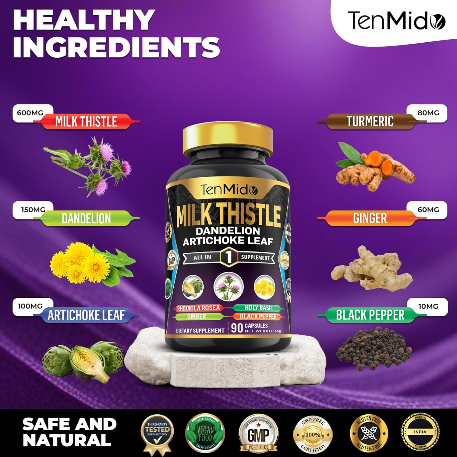 Tenmido Milk Thistle Supplements - 6In1 with Dandelion, Artichoke Leaf, Turmeric, Ginger & Black Pepper - 90 Vegan & Non-Gmo Capsules