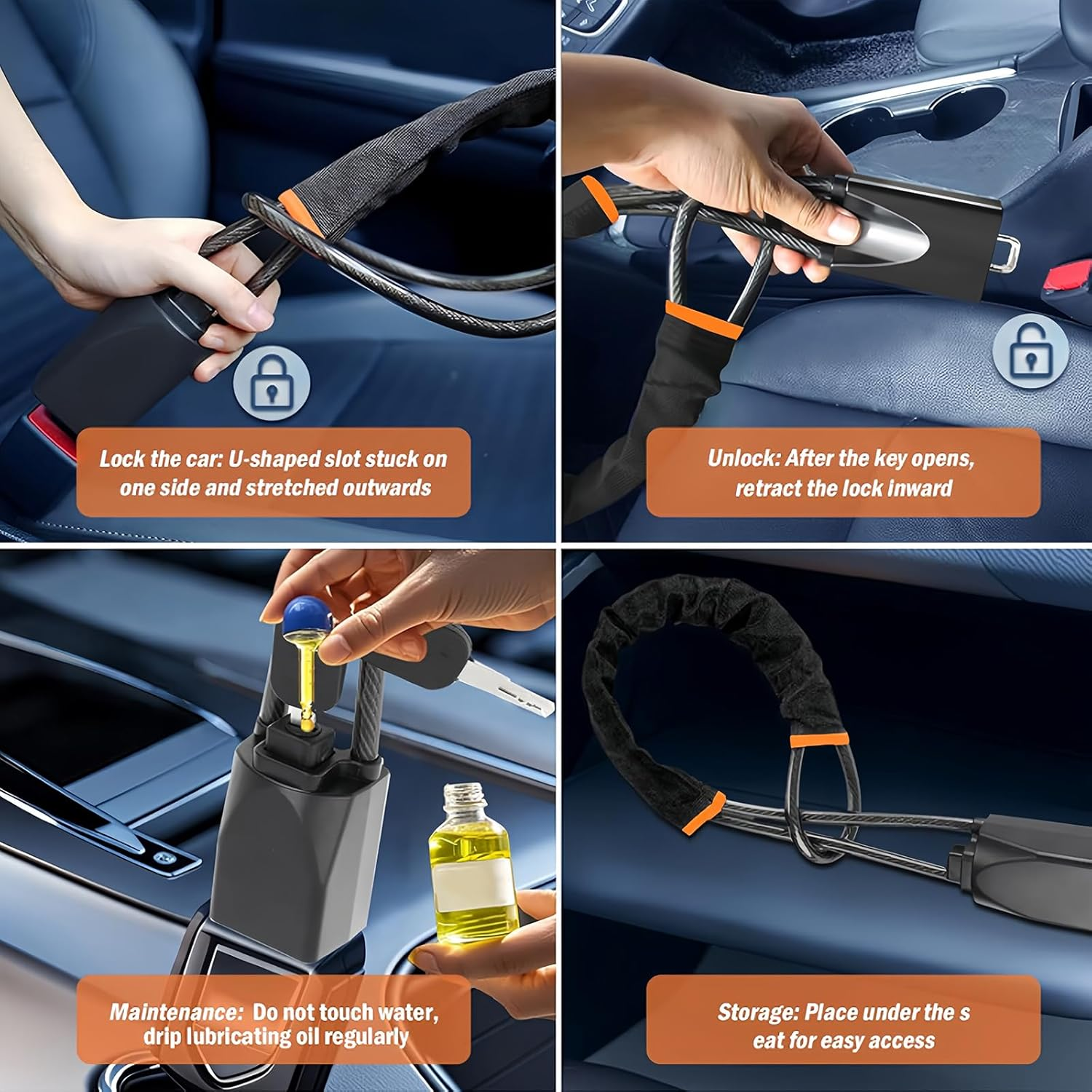 Car Steering Wheel Lock & Seat Belt Lock - Max 17&rdquo; Length, Universal Anti-Theft for Cars, Suvs, Golf Carts | Compact, Lightweight & Multi-Functional Security Device with 3 Keys (Black) - Black image number 4