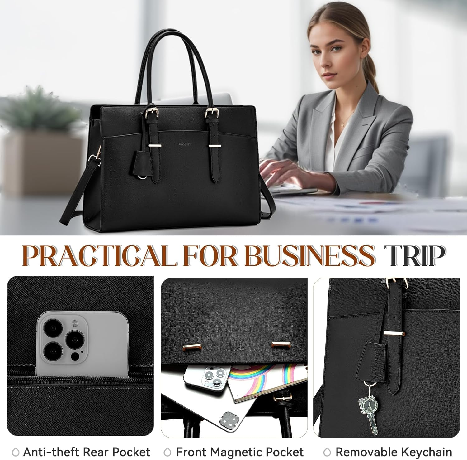 15.6Inch Laptop Tote Bag for Women,Vaschy Large Vegan Leather Work Tote Bag Briefcase Computer Bag Handbag Shoulder Bag Briefcase for Business Office Travel - Brown image number 3