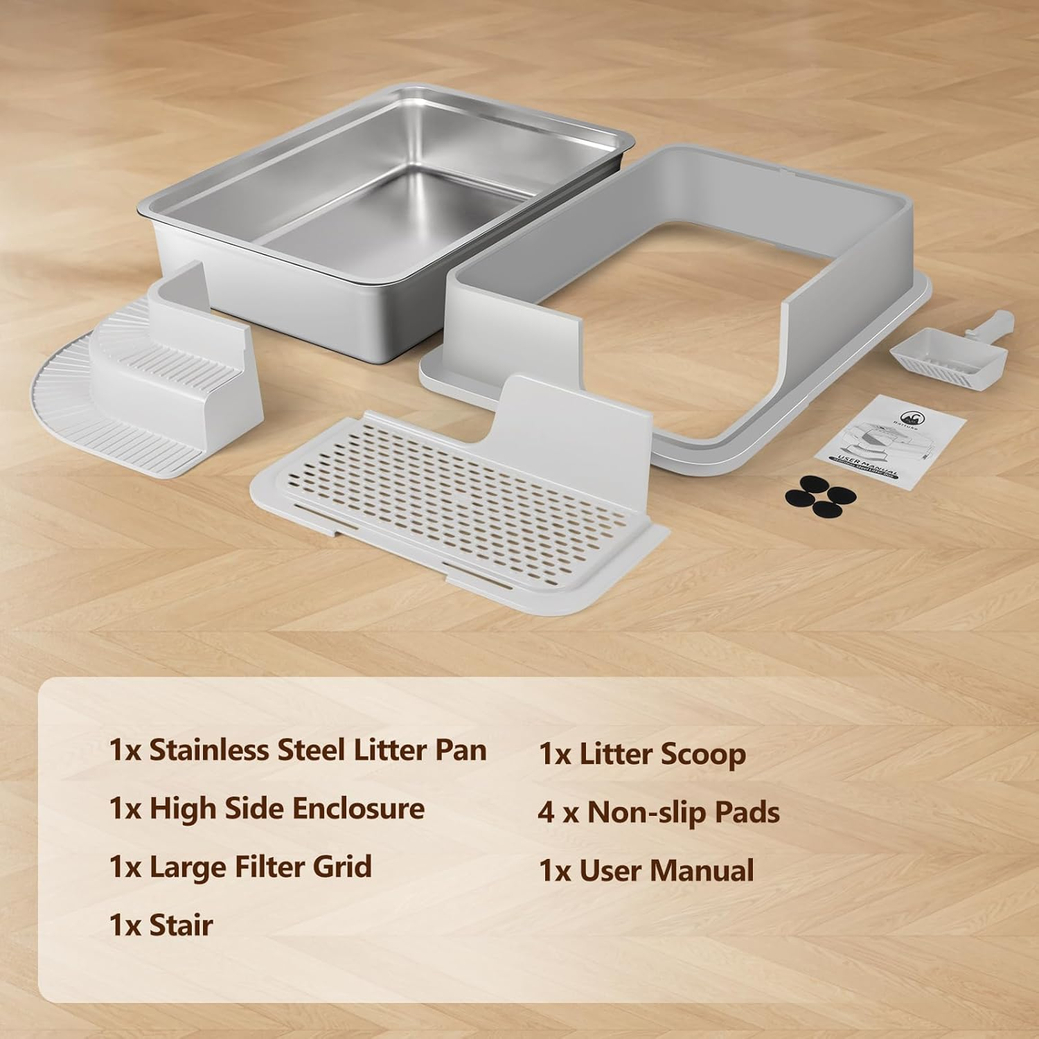 Bartuke XXXL Stainless Steel Litter Box, 70 X 50 X 30Cm Extra Large Semi Enclosed High Sided Metal Cat Litter Box with Filtered Grid, Step, Scoop, Non-Sticky, Non-Odor, Easy Cleaning (Light Gray) - Semi Enclosed-Black image number 3