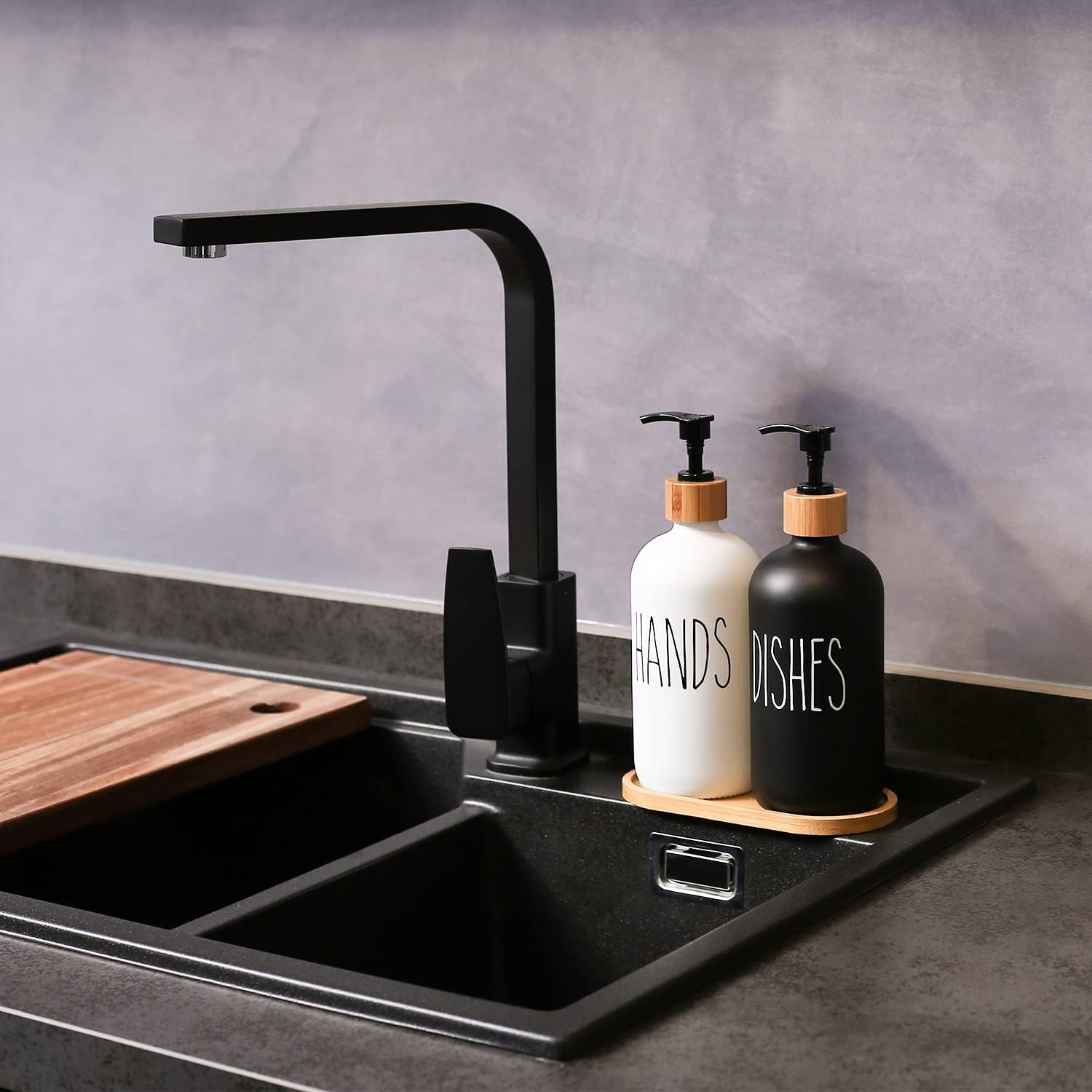 MOMEEMO Glass Soap Dispenser Set, Contains Hand Soap and Dish Soap Dispenser.Suitable for Kitchen Decor. (Black & White) image number 2