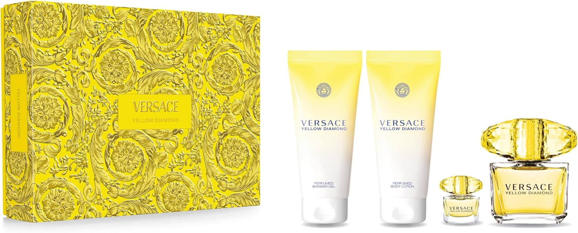 Versace Women'S Yellow Diamond 4 Piece Gift Set (EDT 3.0 Oz + EDT 5 Ml + 3.3 Oz Body Lotion + Shower Gel 3.3 Oz)