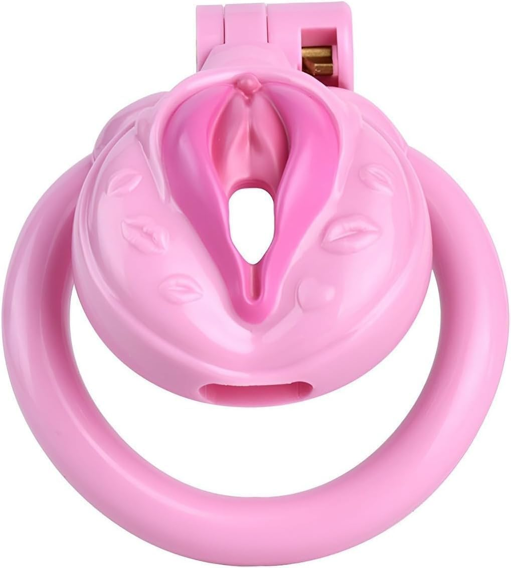 Male Inverted Negative Sissy Chastity Cage with 4 Rings Set, Small Men Flat Chastity Device Lock, Realistic Pussy Cage Design, BDSM Bondage Adults Sex Toys for Gay Couples (Pink) image number 4