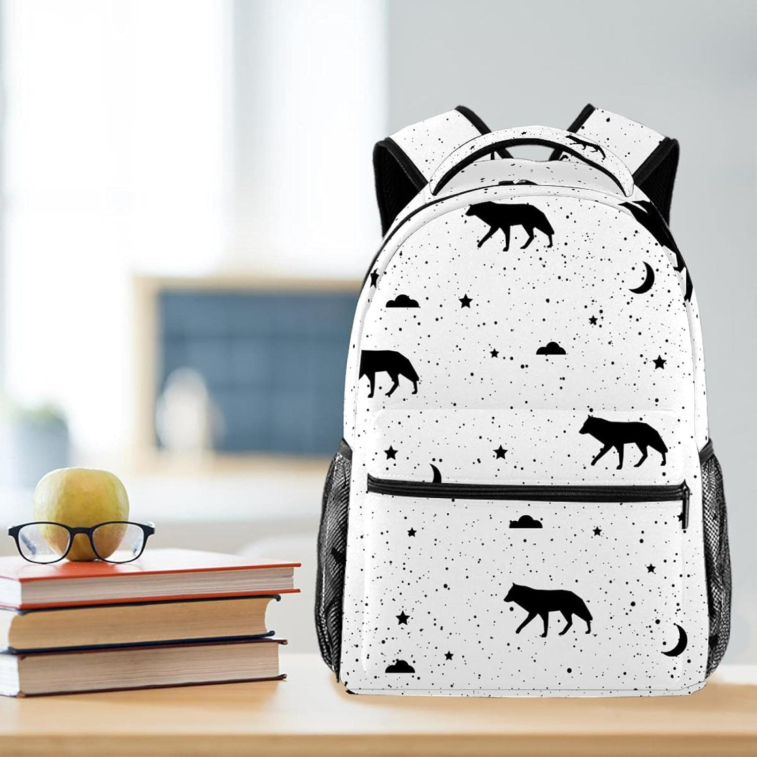 Monochrome Black and White Wolf Patten Backpack Students Shoulder Bags Travel Bag College School Tote Backpacks image number 1